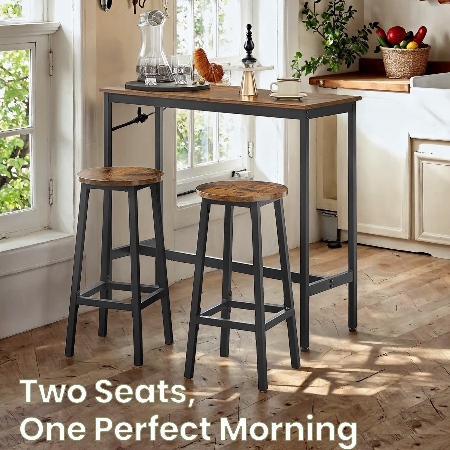 Bar Table Set - Includes 2 Bar Stools - Steel - Rustic Brown and Black