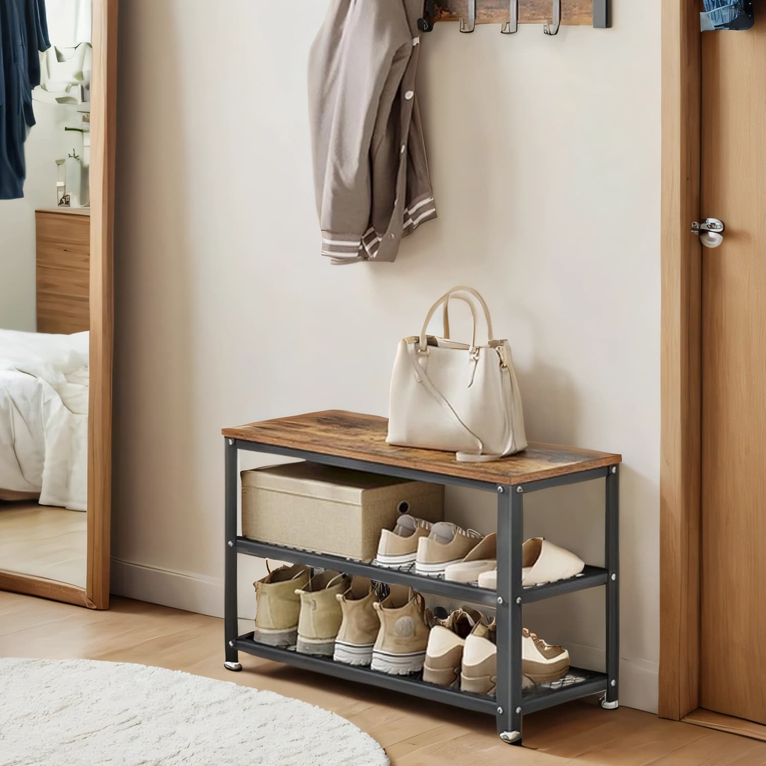 Shoe Bench - Steel - Rustic Brown and Black - 2 Shelves for Entryway Organization