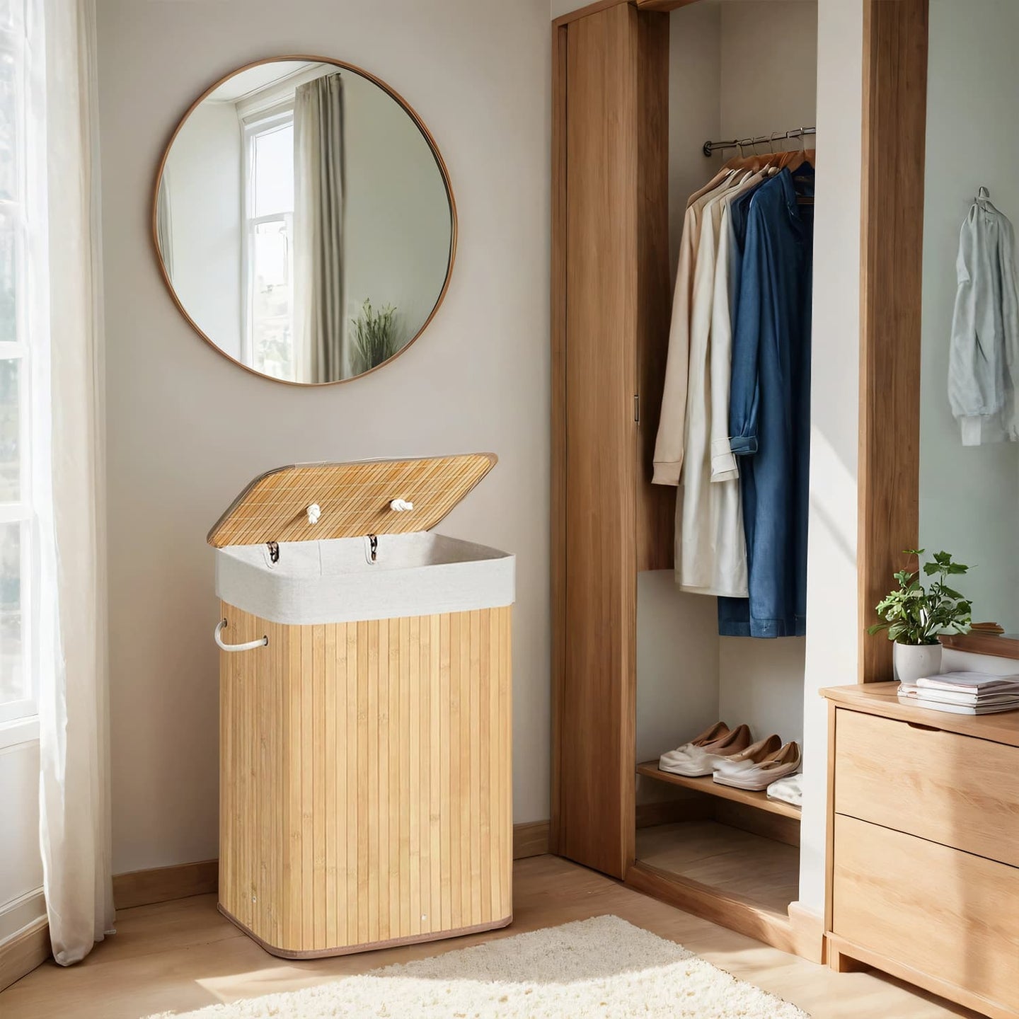 Foldable Laundry Hamper - Bamboo - Natural - 72 L Capacity with Lid and 3 Handles