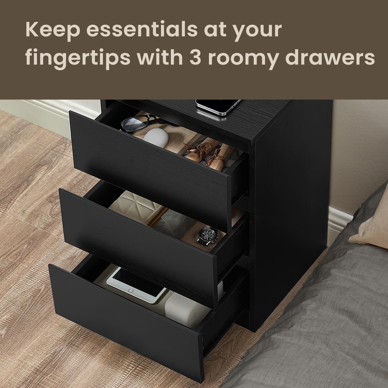 Nightstand - Wood - Cloud White - Charging Station with 3 Drawers