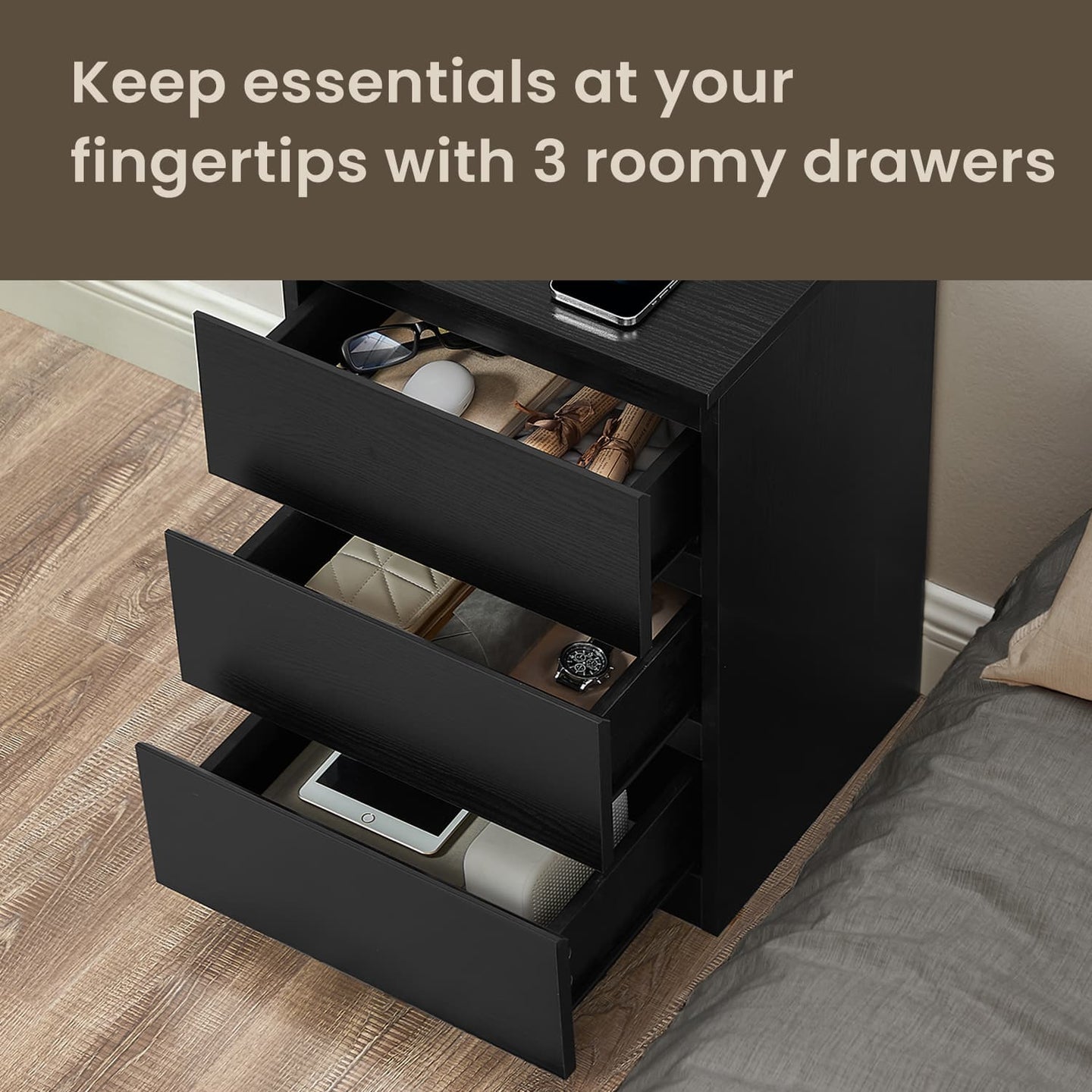 Nightstand - Wood - Cloud White - Charging Station with 3 Drawers