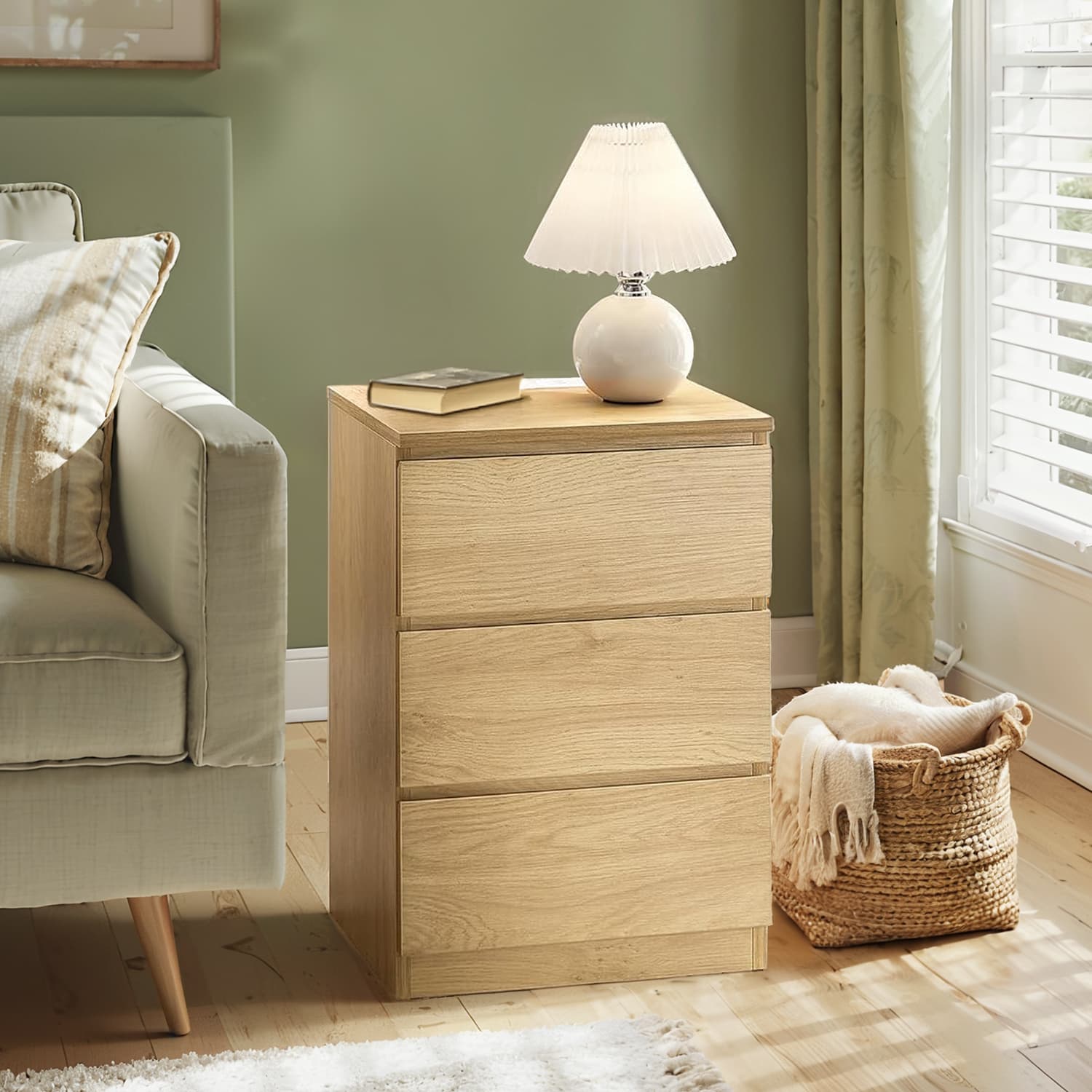 Nightstand - Wood - Natural Finish - Includes Charging Station and 3 Drawers