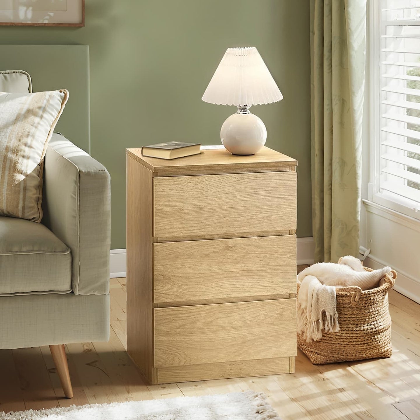 Nightstand - Wood - Natural Finish - Includes Charging Station and 3 Drawers