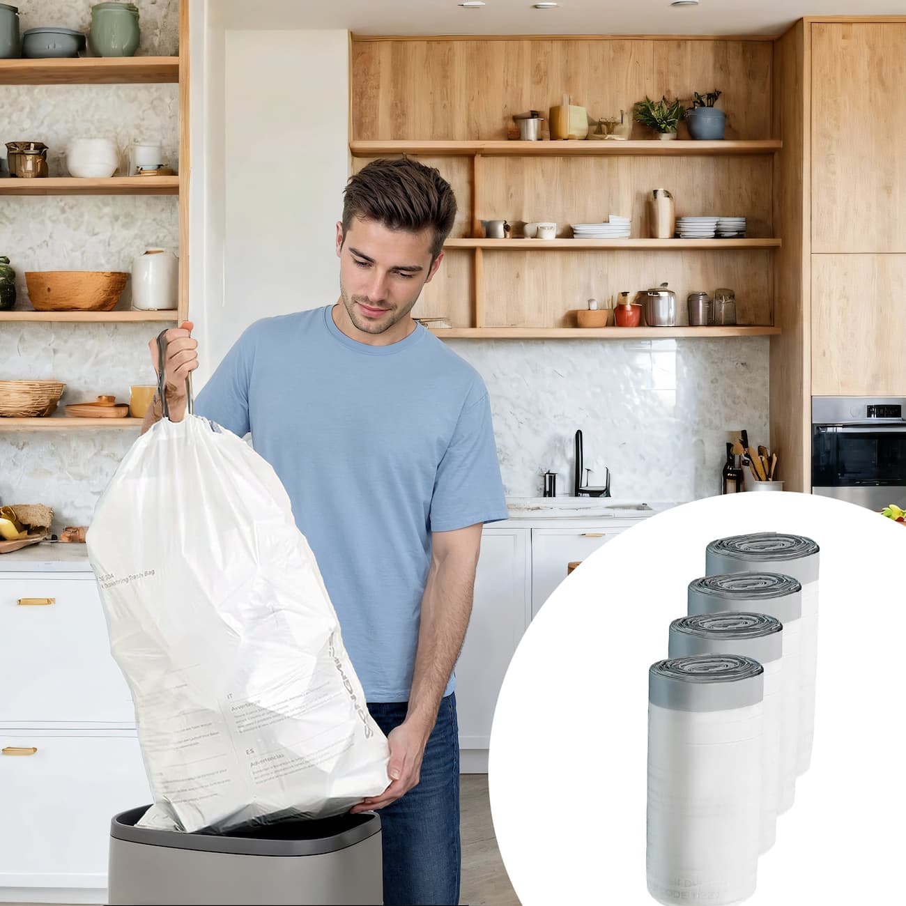 Heavy-Duty Drawstring Trash Bags - Plastic - White - 180-Piece for 8-Gallon Kitchen Waste