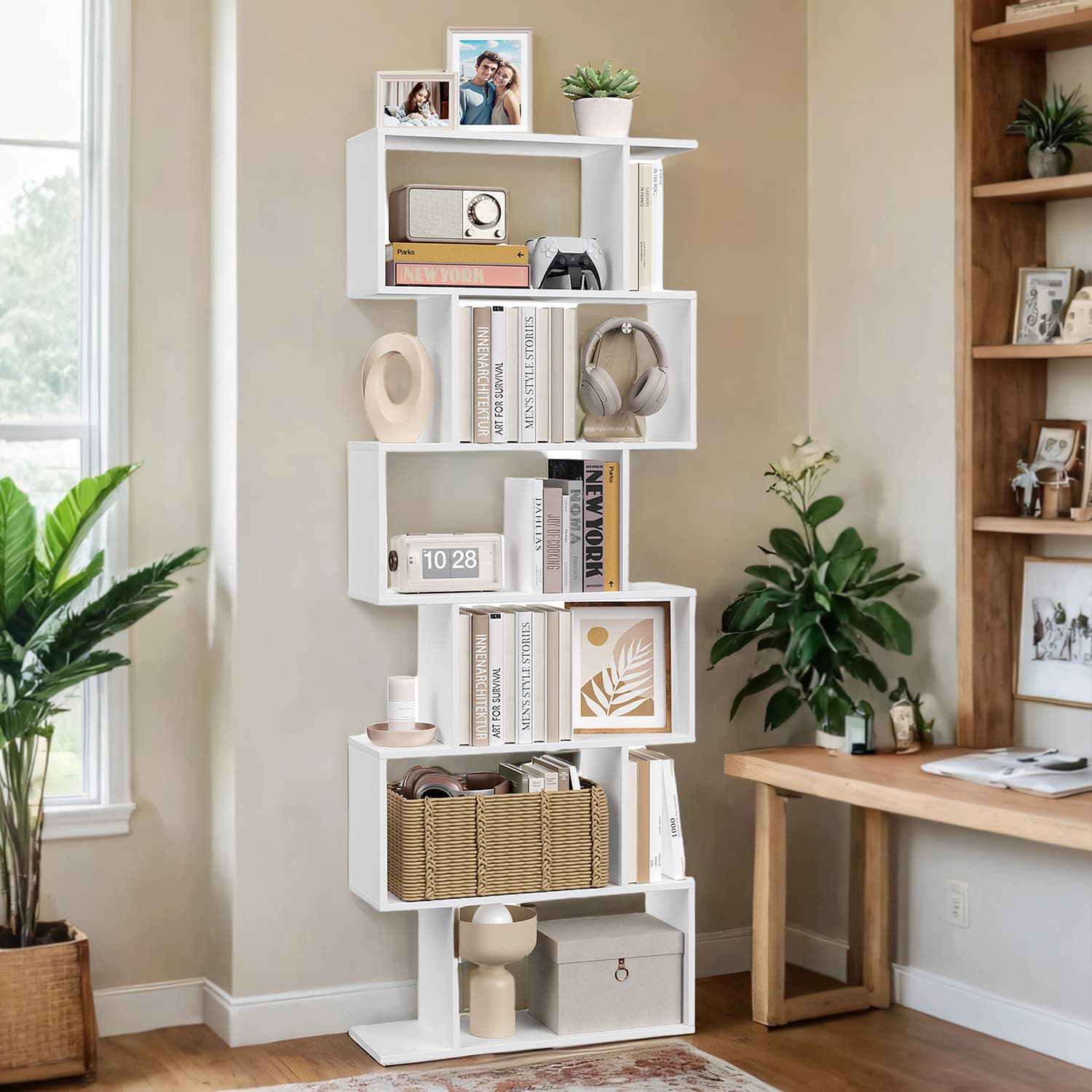 6-Tier Bookshelf - Wood - White - Freestanding Room Divider