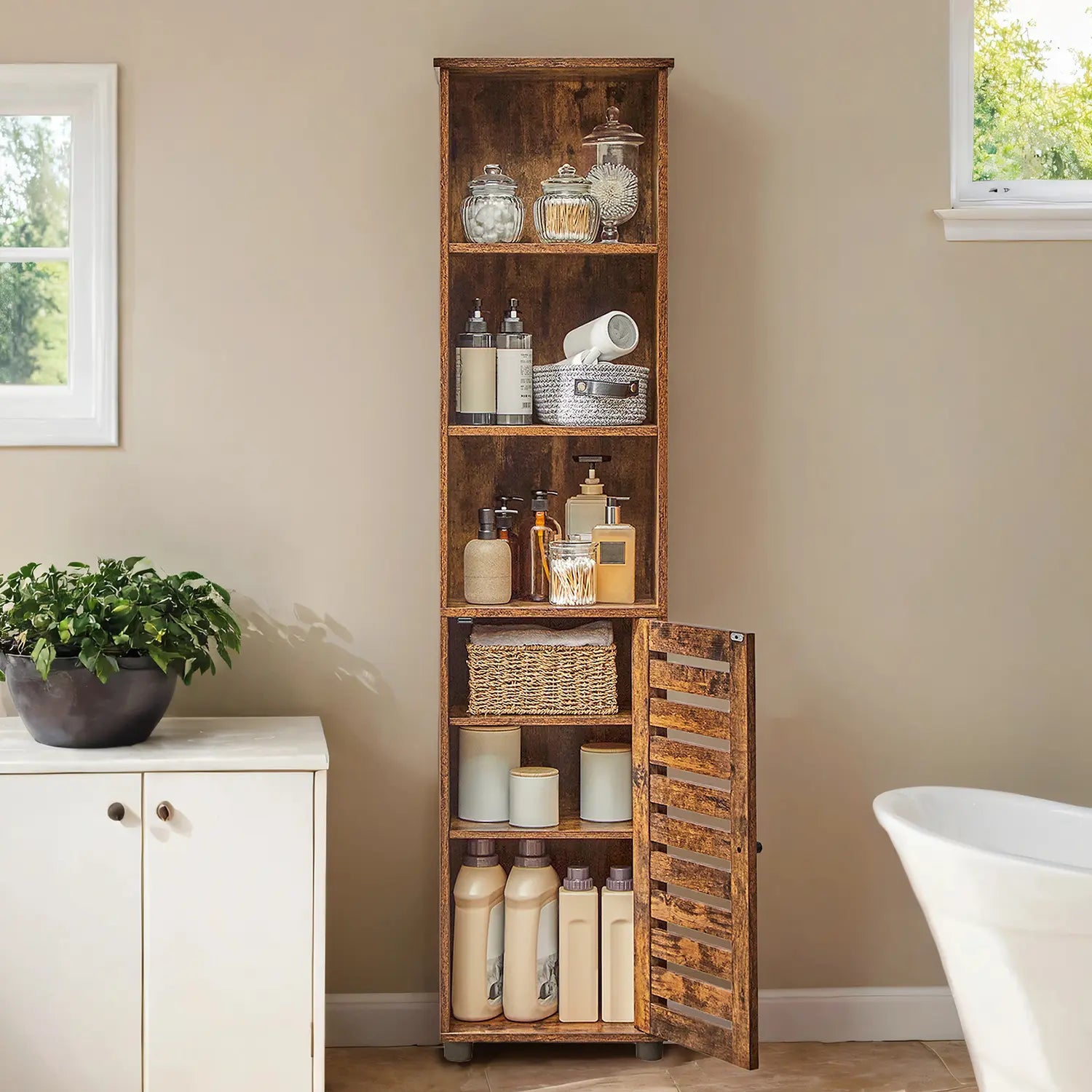 Tall Bathroom Storage Cabinet - Engineered Wood - Rustic Brown - Freestanding with Open and Adjustable Shelves