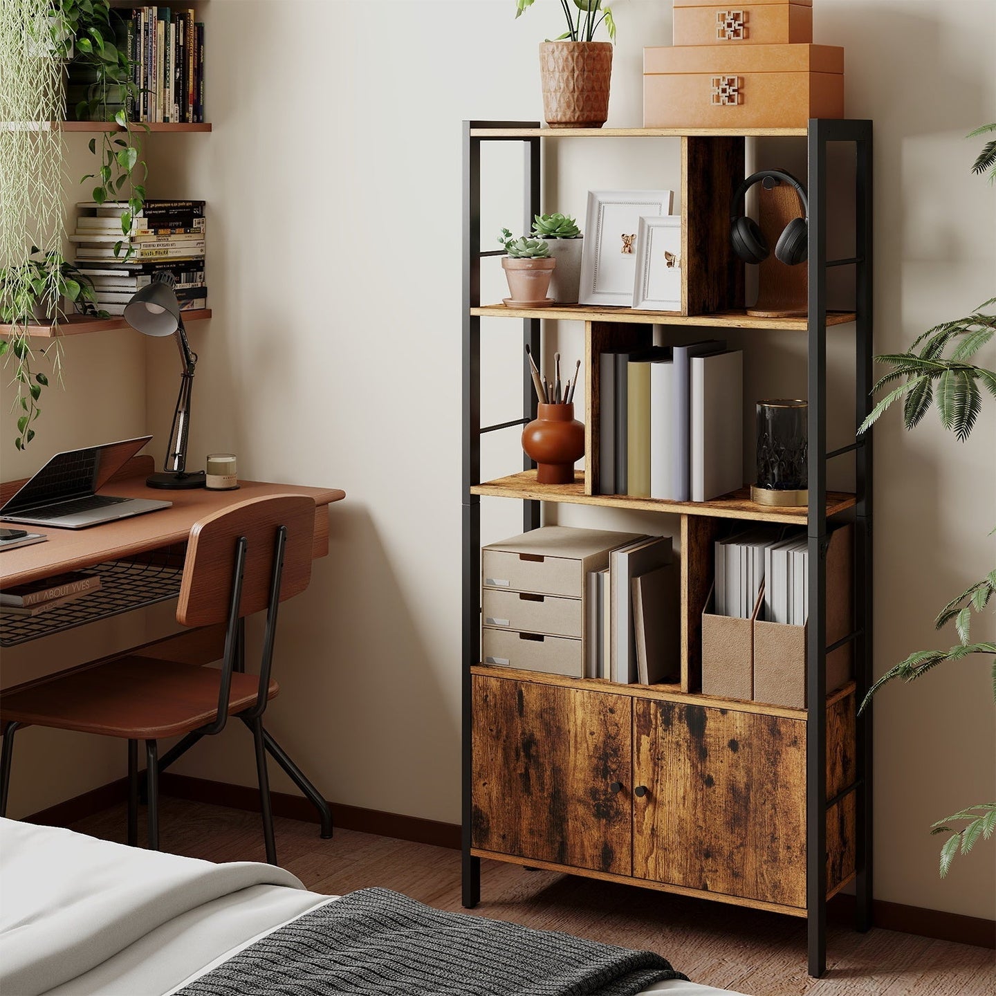 Large Bookcase - Wood - Camel Brown - With Doors and Tall Legs