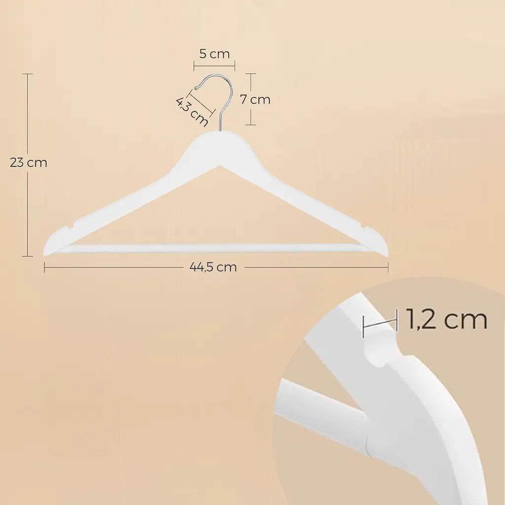 Coat Hangers - Wood - White and Silver - Set of 20 with Shoulder Notches and Anti-Slip Trousers Bar