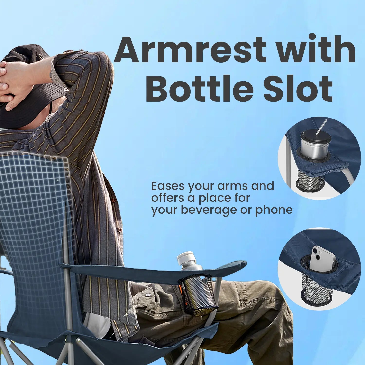 Set of 2 Folding Heavy-Duty Camping Chairs - Metal Frame - Slate Gray - Includes Cup Holder