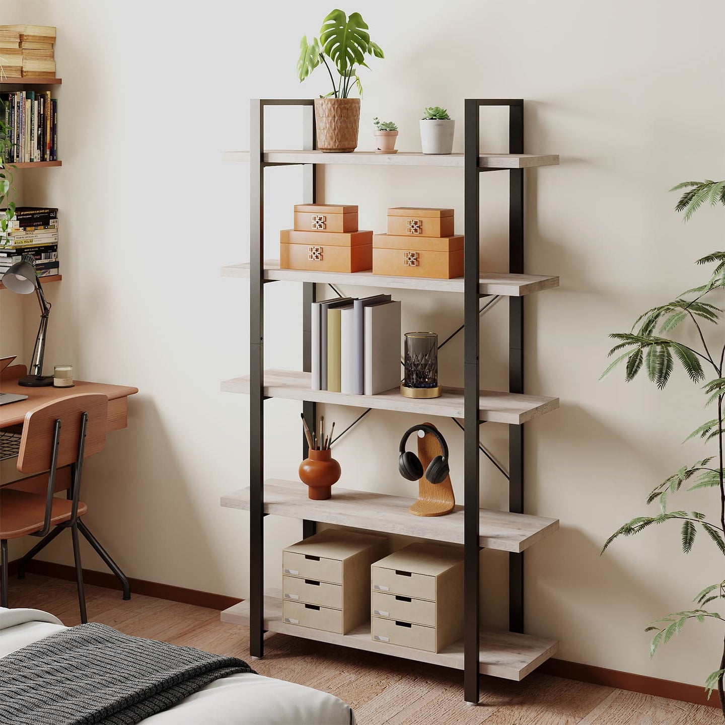 Bookshelf - 5-Tier Industrial Design - Wood - Rustic Brown