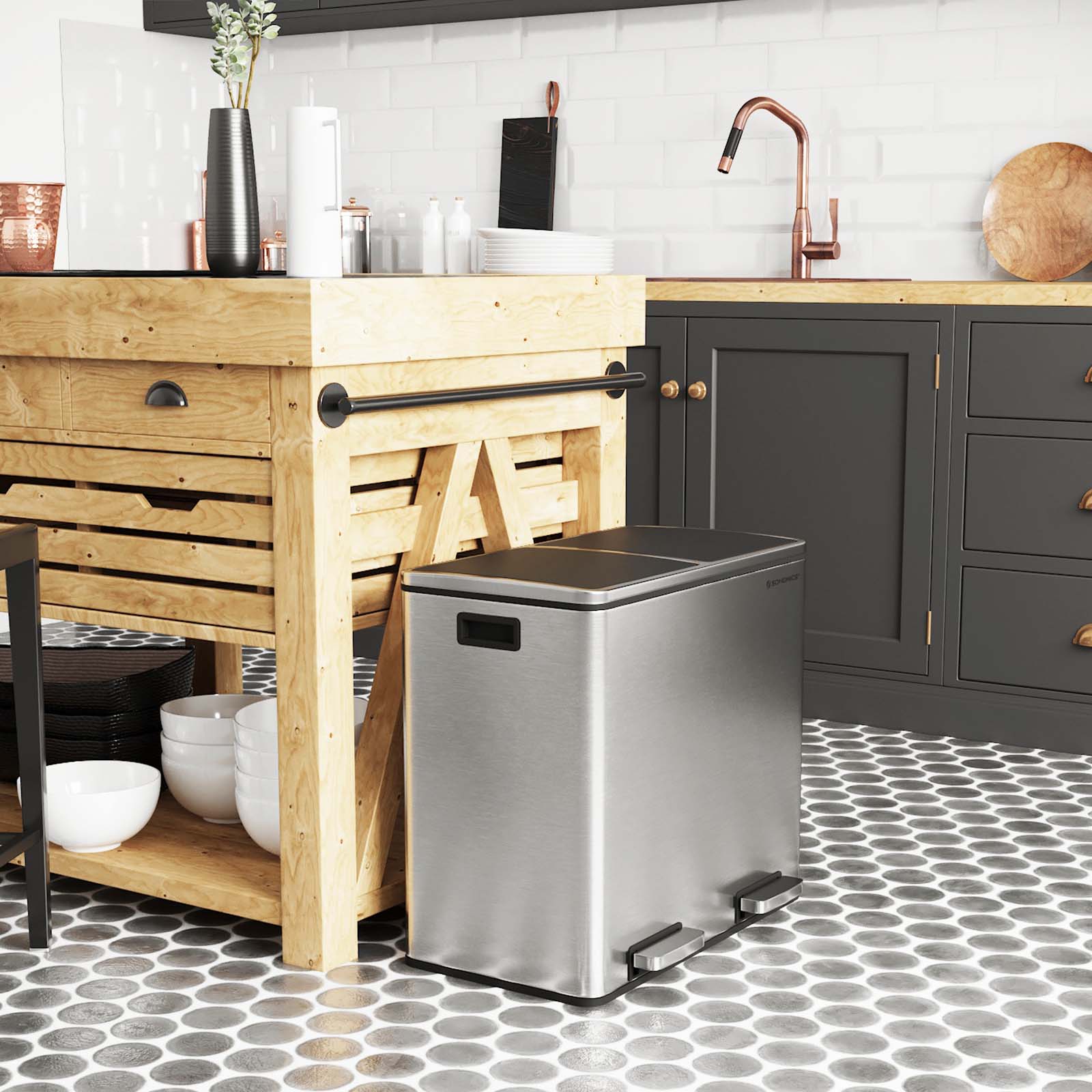 Double Recycling Bin - Plastic - White - 2 Compartments with Soft-Close Lids and Pedals