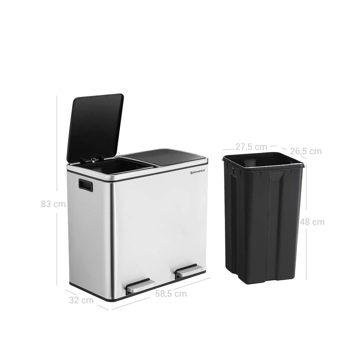 Double Recycling Bin - Plastic - White - 2 Compartments with Soft-Close Lids and Pedals