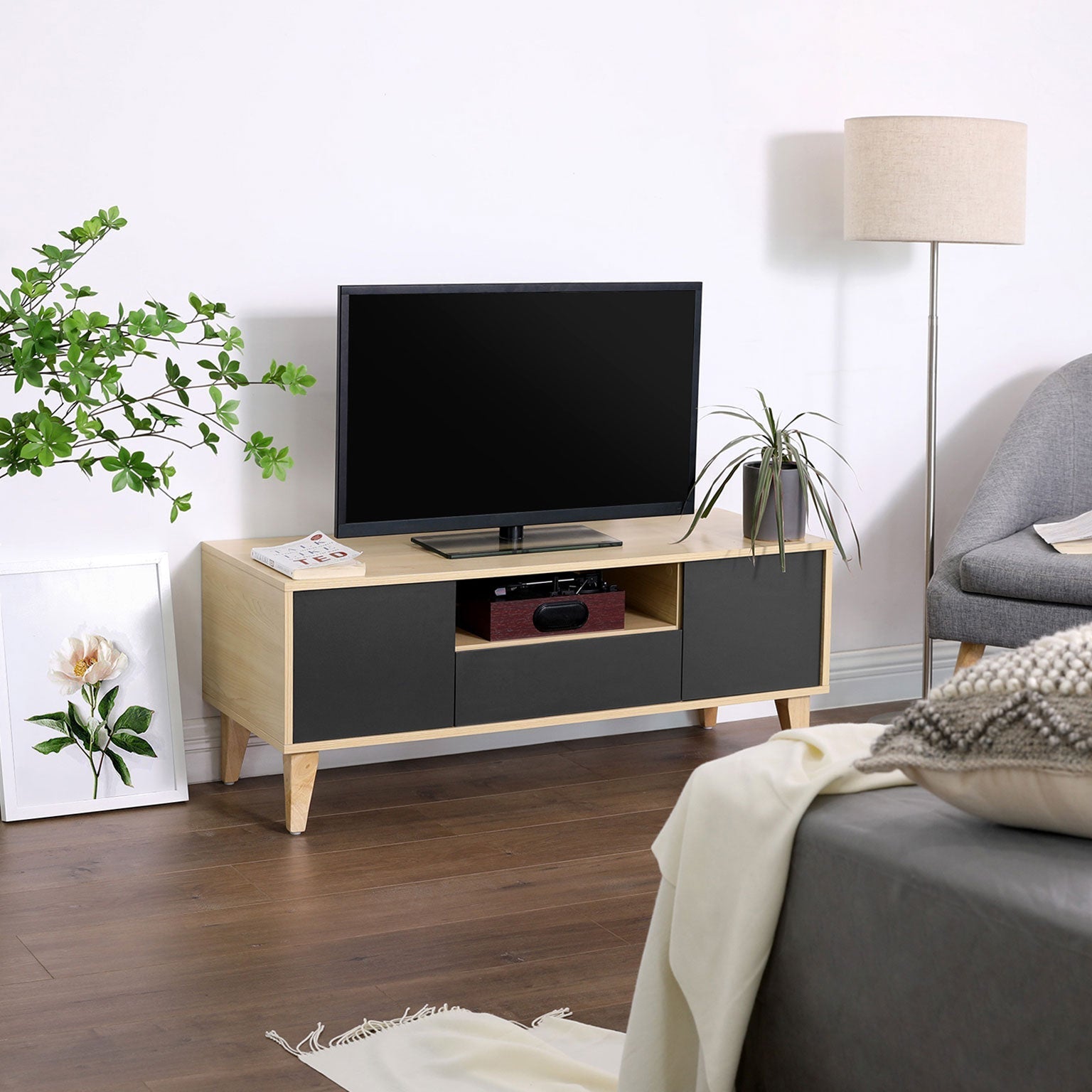 TV Stand - Solid Wood - Natural Wood and Grey