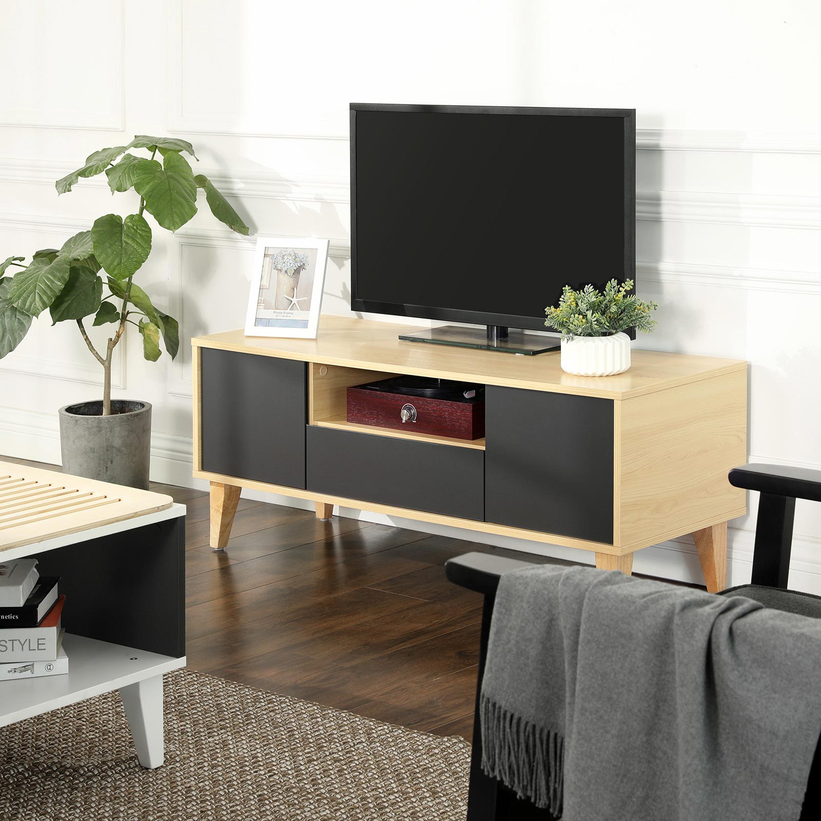 TV Stand - Solid Wood - Natural Wood and Grey