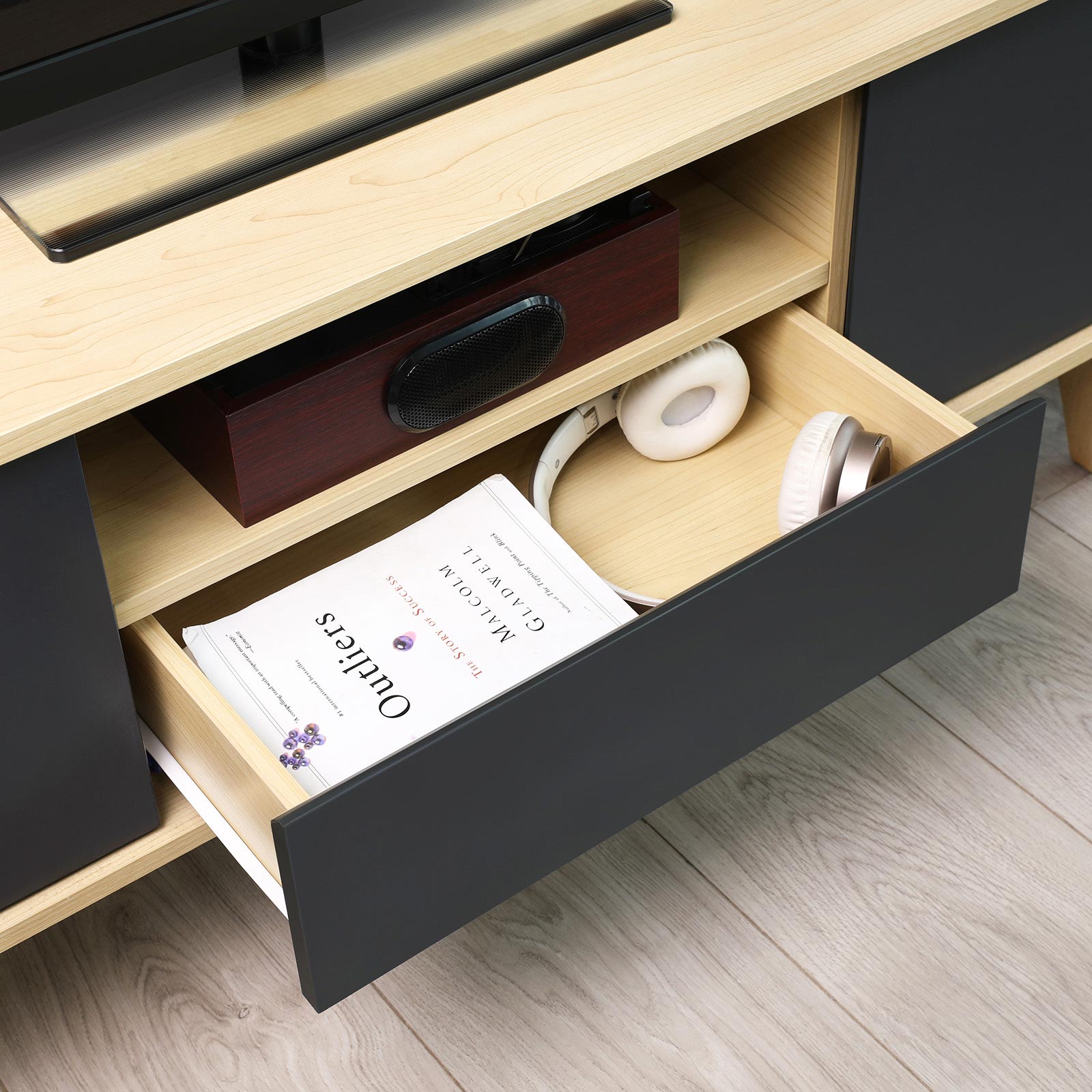 TV Stand - Solid Wood - Natural Wood and Grey
