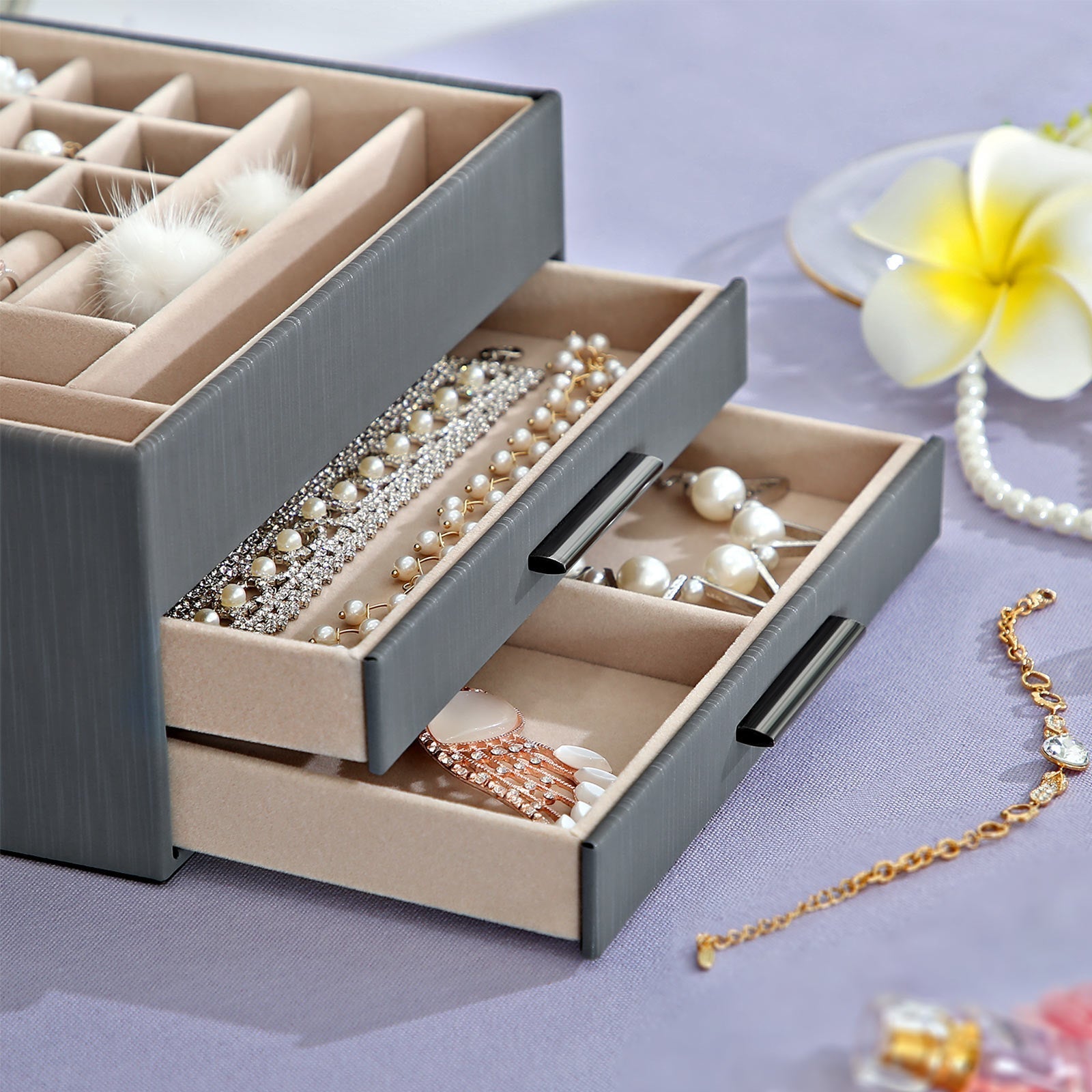 Jewellery Organiser - 3-Layer with 2 Drawers - Wood - White