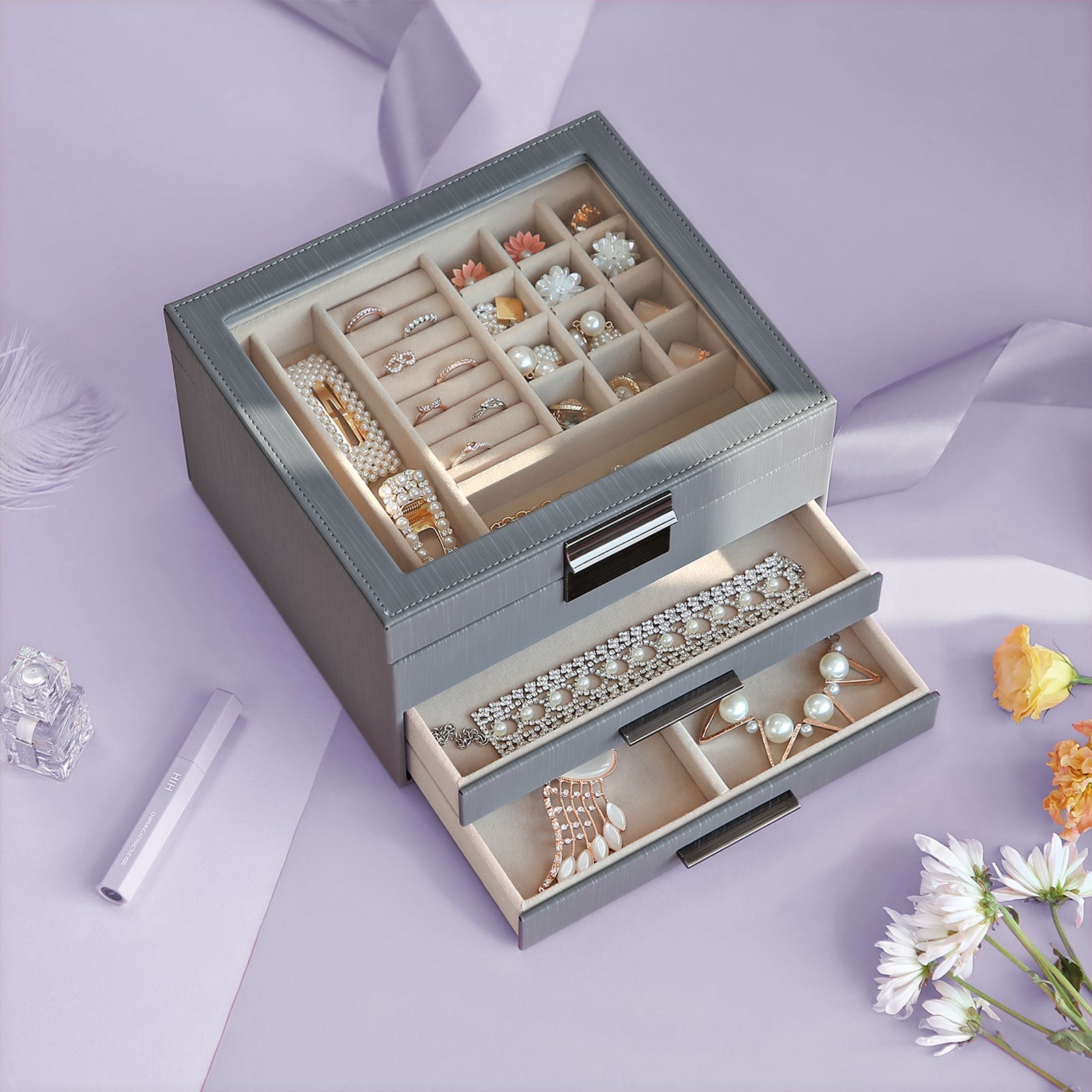 Jewellery Organiser - 3-Layer with 2 Drawers - Wood - White