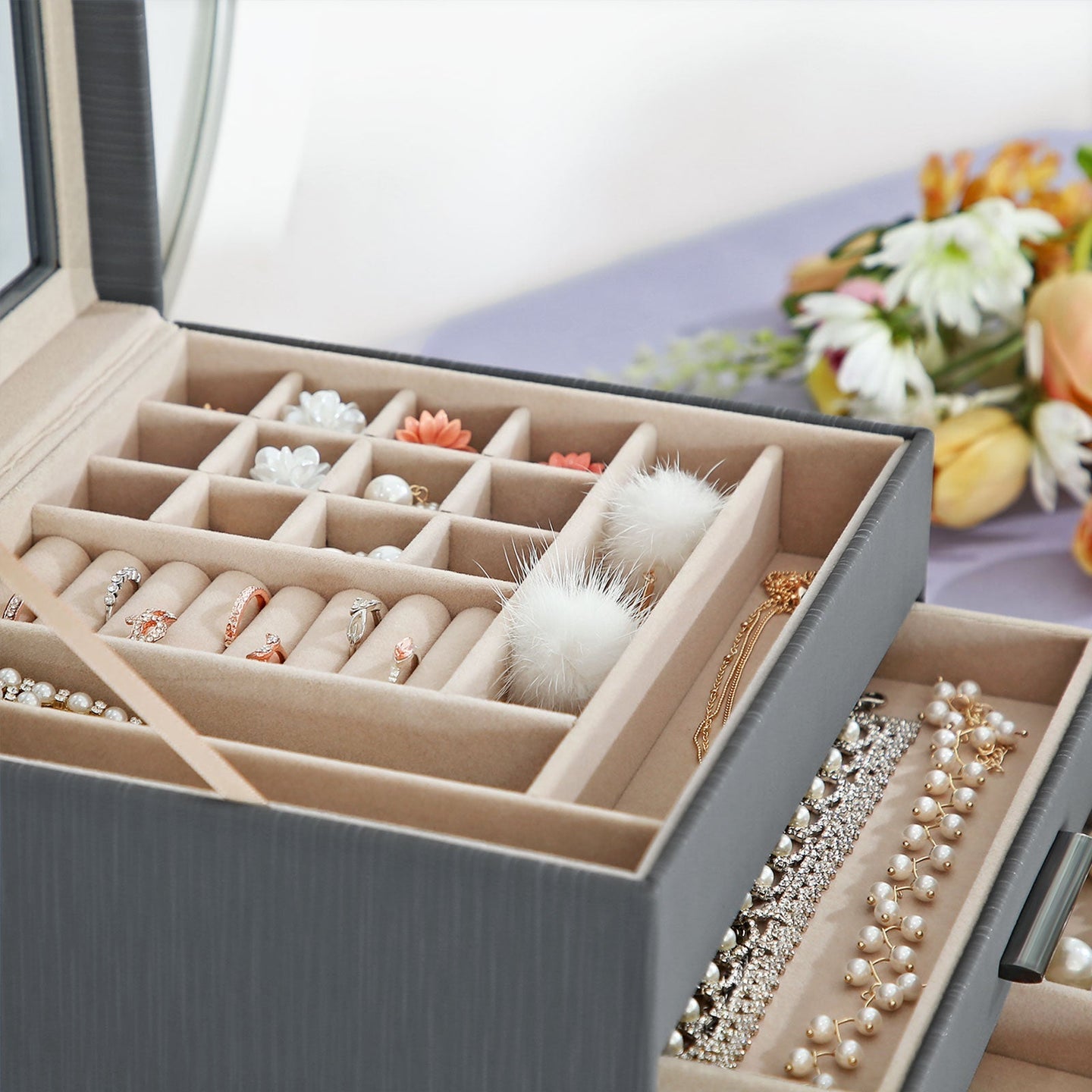 Jewellery Organiser - 3-Layer with 2 Drawers - Wood - White