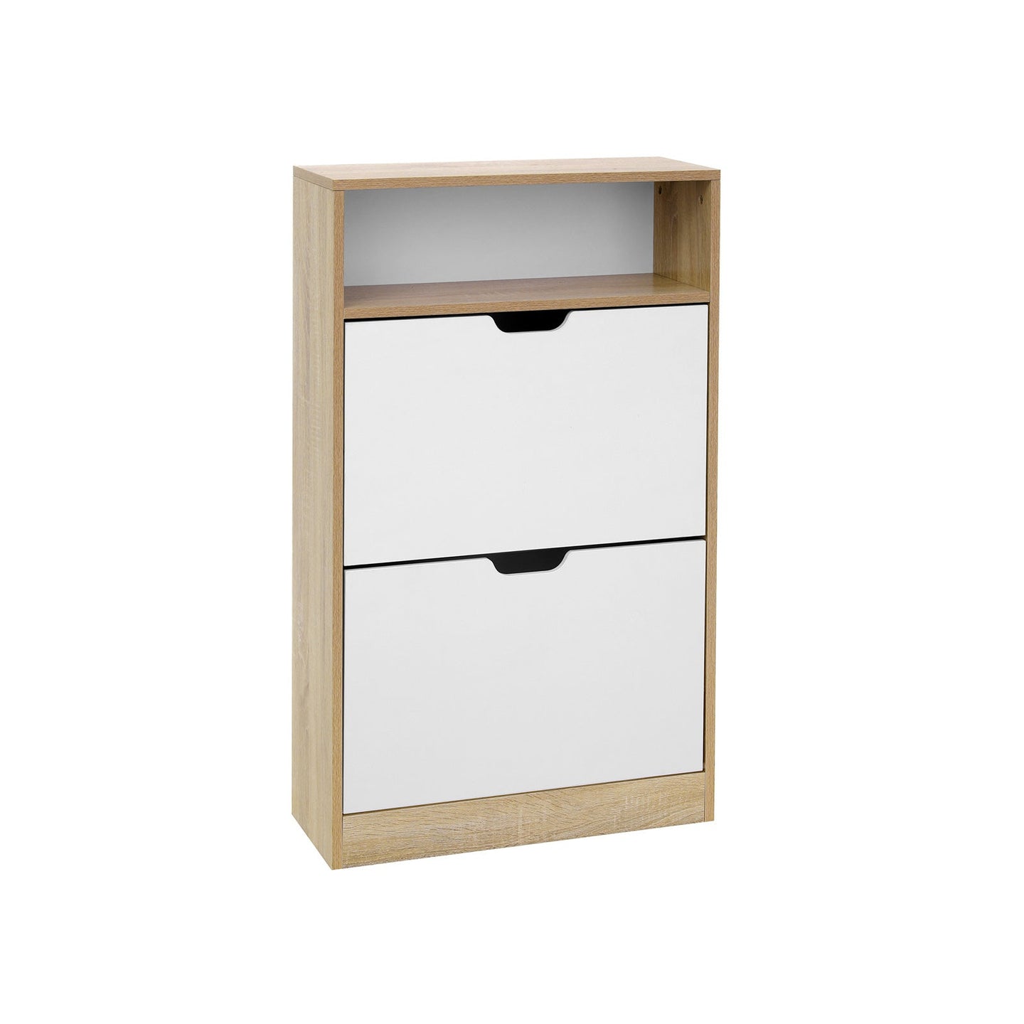 Shoe Cabinet - Melamine Veneer - White and Natural - 2 Flaps with Open Shelf