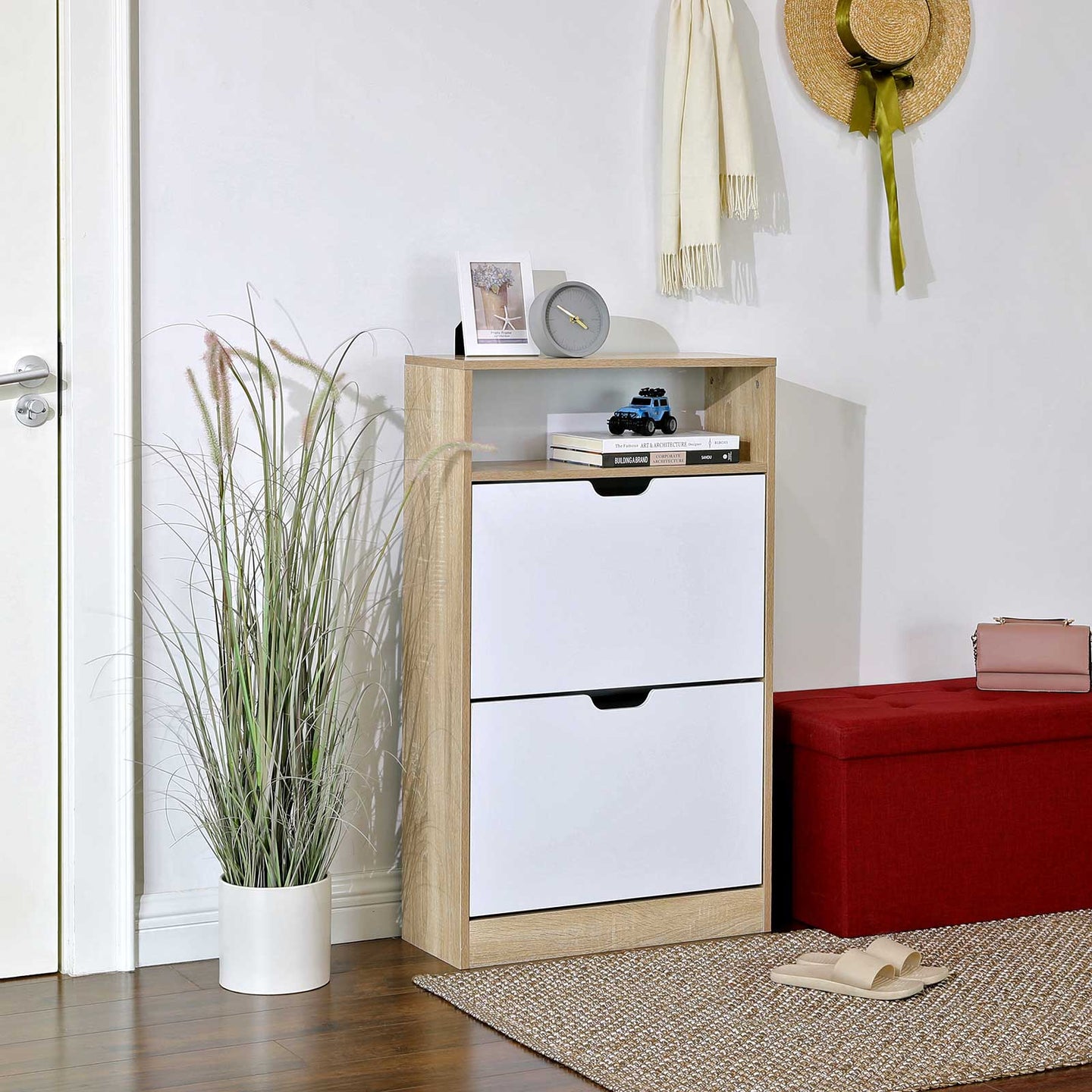 Shoe Cabinet - Melamine Veneer - White and Natural - 2 Flaps with Open Shelf