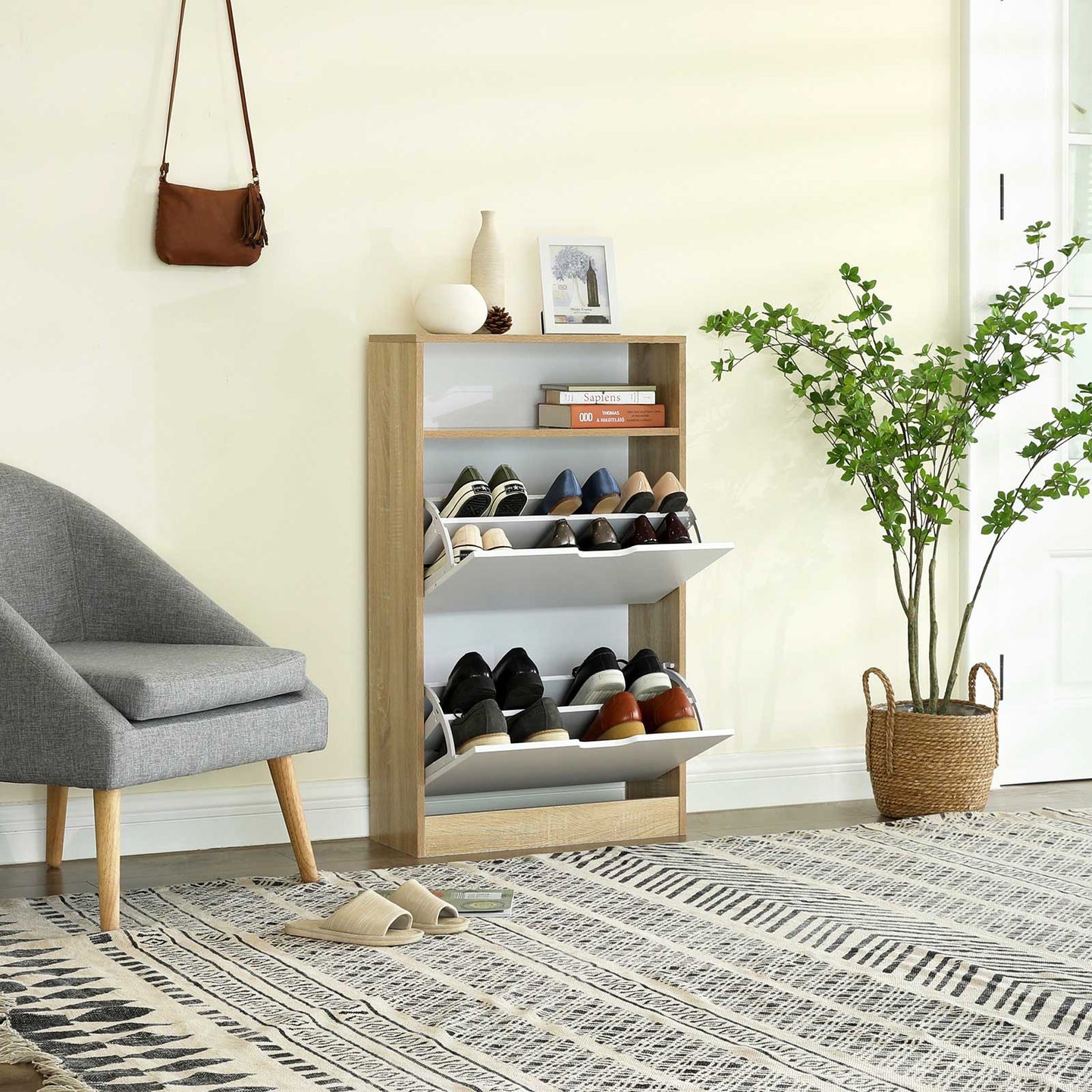 Shoe Cabinet - Melamine Veneer - White and Natural - 2 Flaps with Open Shelf