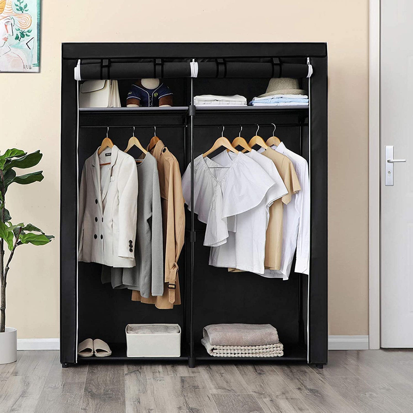 Portable Wardrobe - Fabric - Grey - Foldable with Hanging Rods