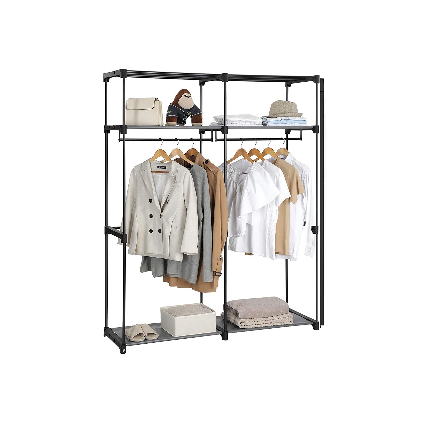 Portable Wardrobe - Fabric - Grey - Foldable with Hanging Rods