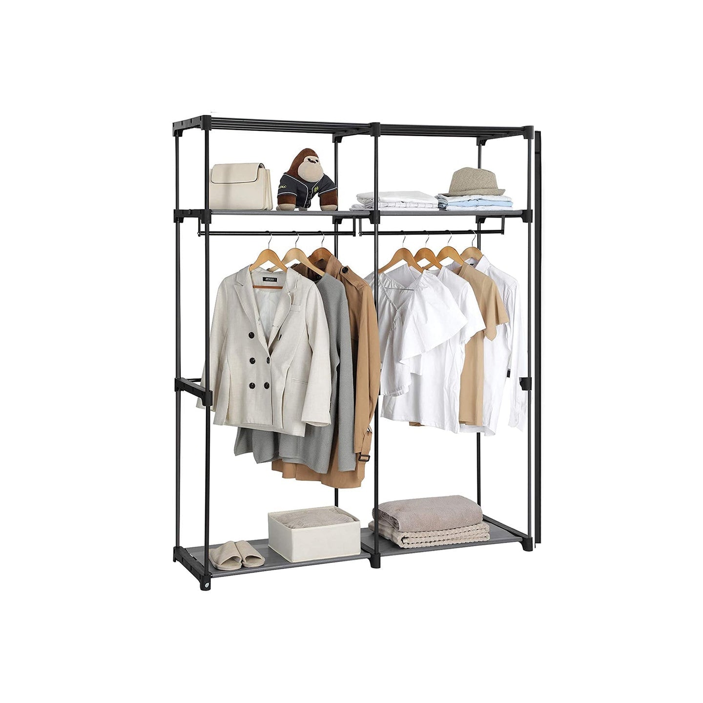 Portable Wardrobe - Fabric - Grey - Foldable with Hanging Rods