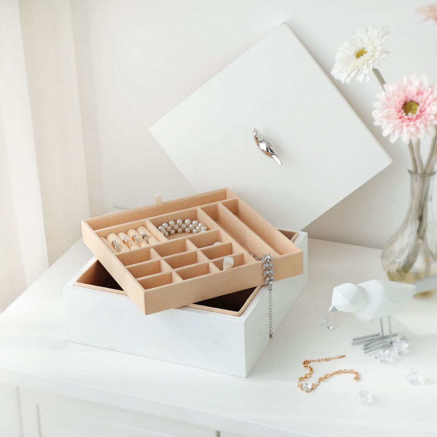 Jewellery Box - Wood - White - 2-Layer Organiser with Removable Tray