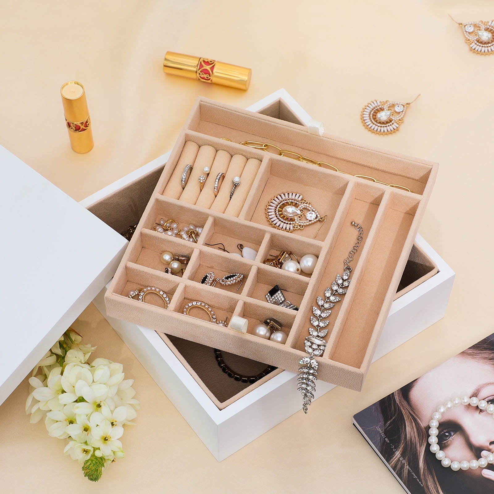 Jewellery Box - Wood - White - 2-Layer Organiser with Removable Tray