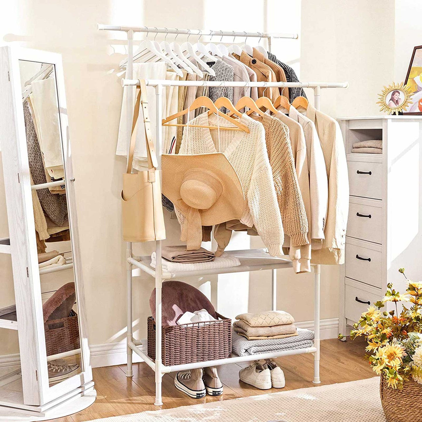 Clothes Rack - Metal - White - 2 Hanging Rails and 2 Storage Shelves