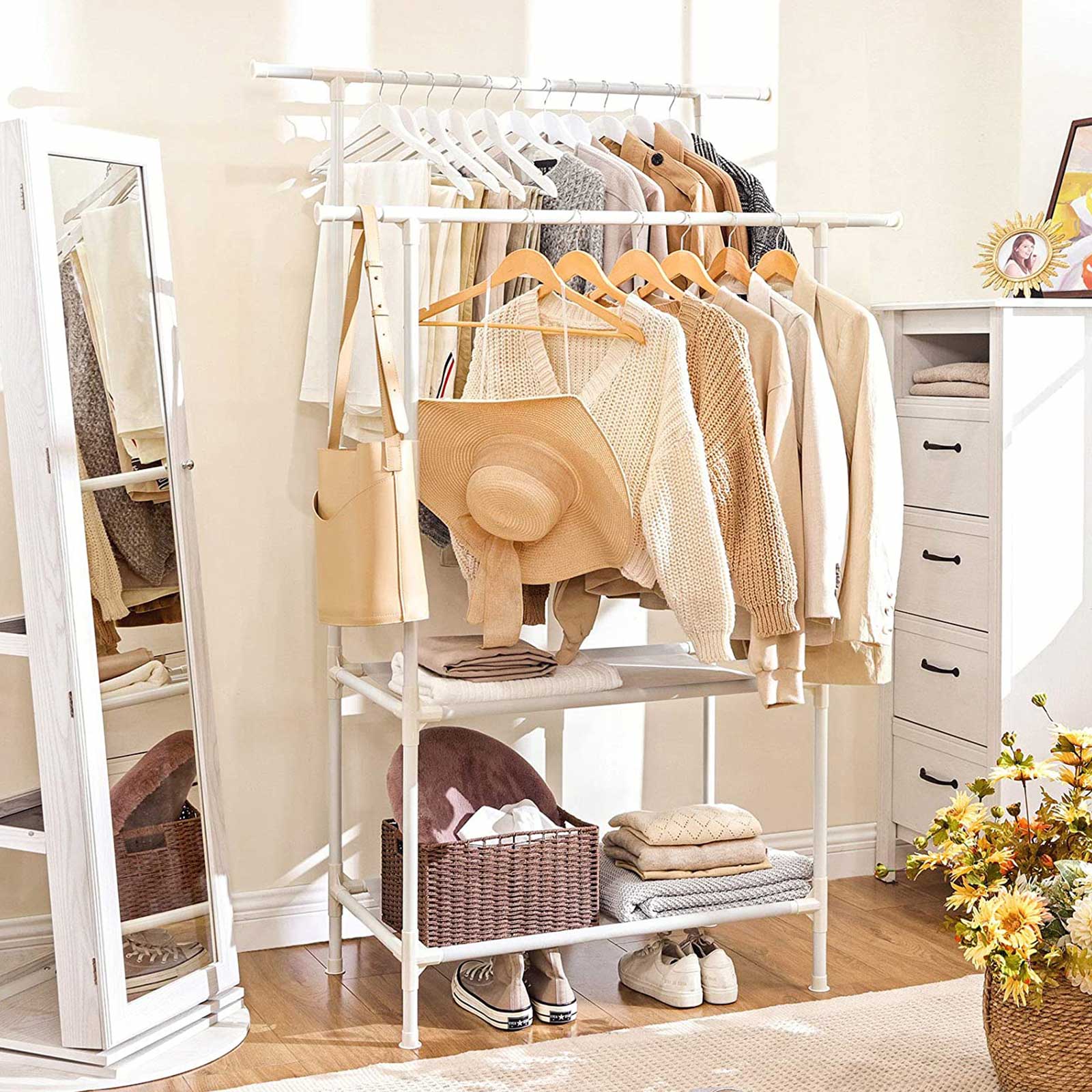 Clothes Rack - Metal - White - 2 Hanging Rails and 2 Storage Shelves