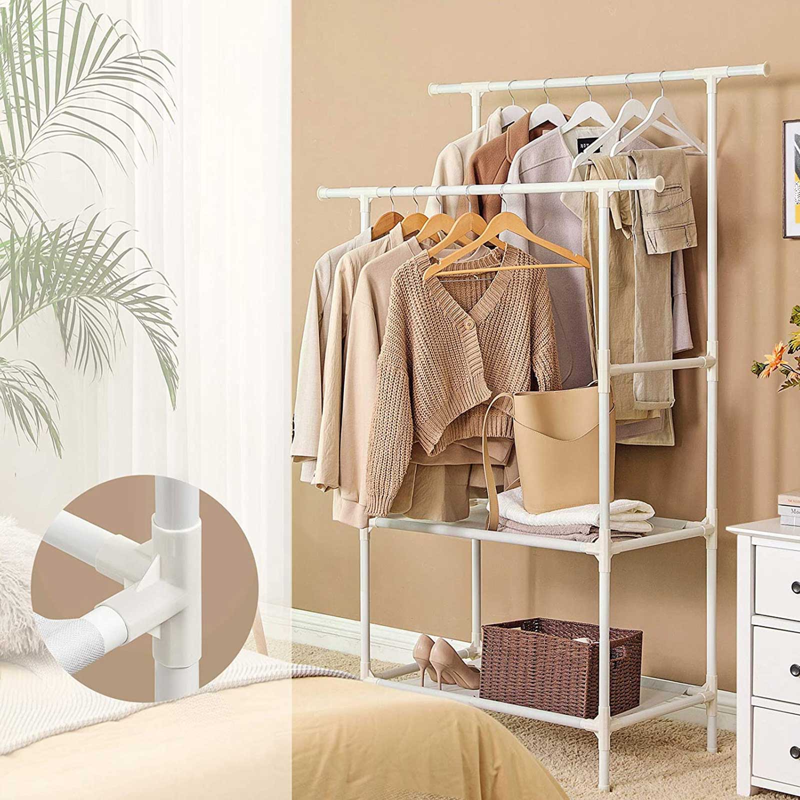Clothes Rack - Metal - White - 2 Hanging Rails and 2 Storage Shelves