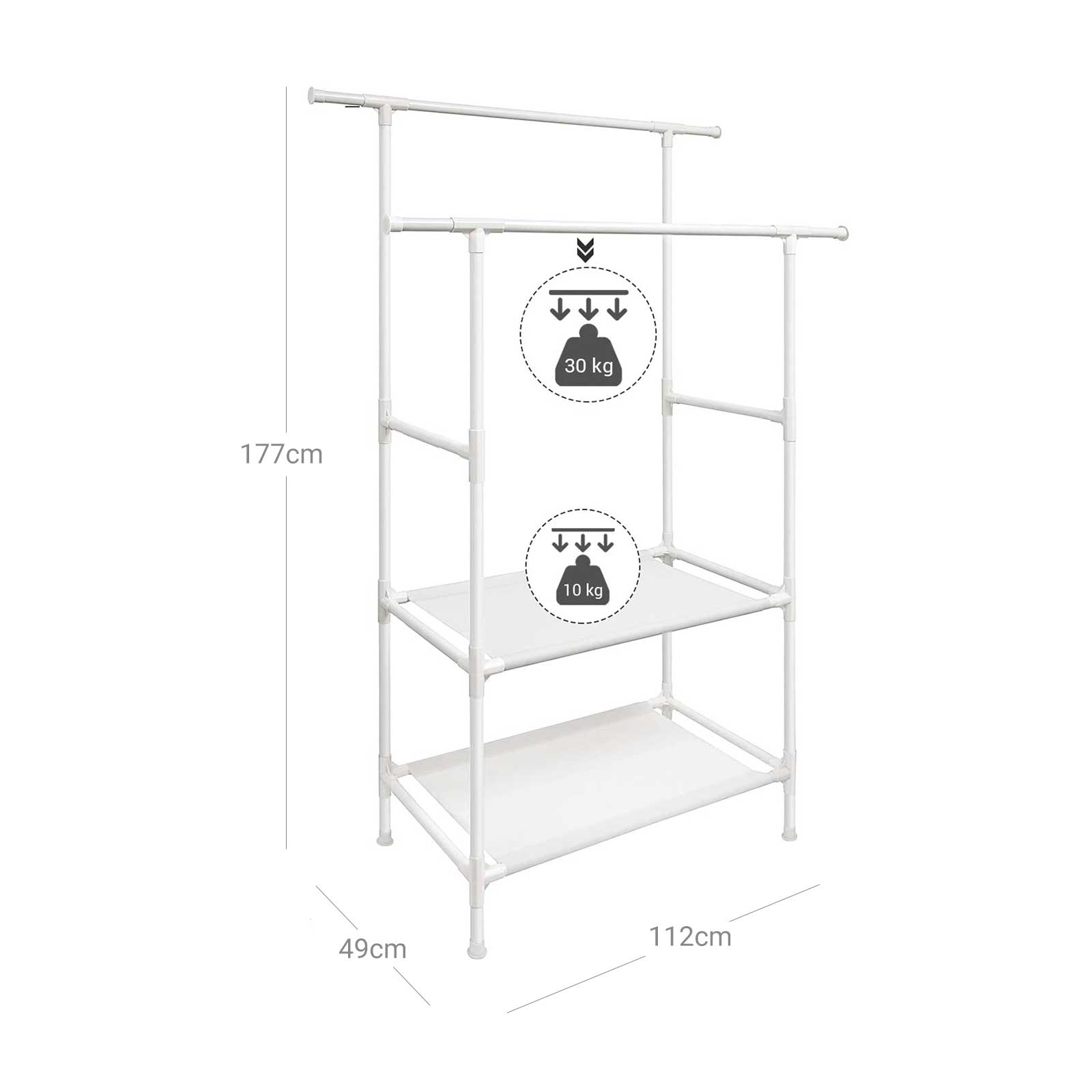 Clothes Rack - Metal - White - 2 Hanging Rails and 2 Storage Shelves