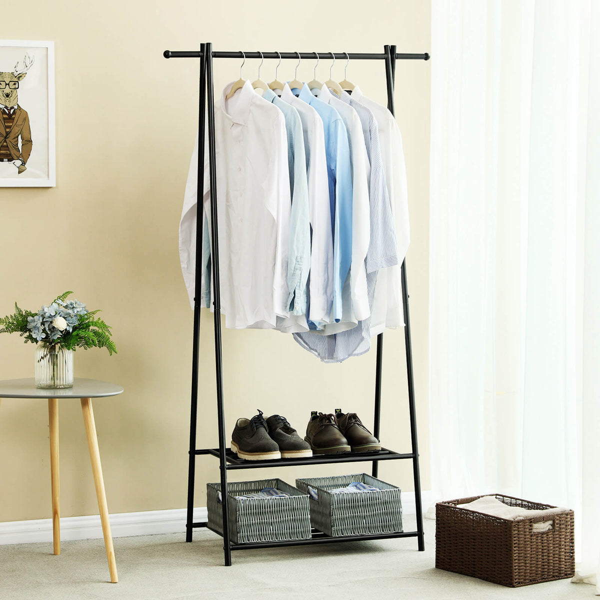 2-Tier Coat Rack - Metal - Black - Entryway Organizer with Shoe and Hat Storage
