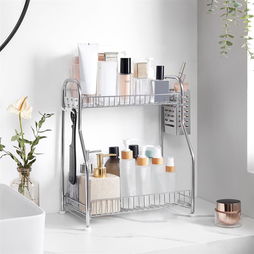 2-Tier Countertop Organiser - Metal - Silver - Includes Cutlery Holder and Hooks