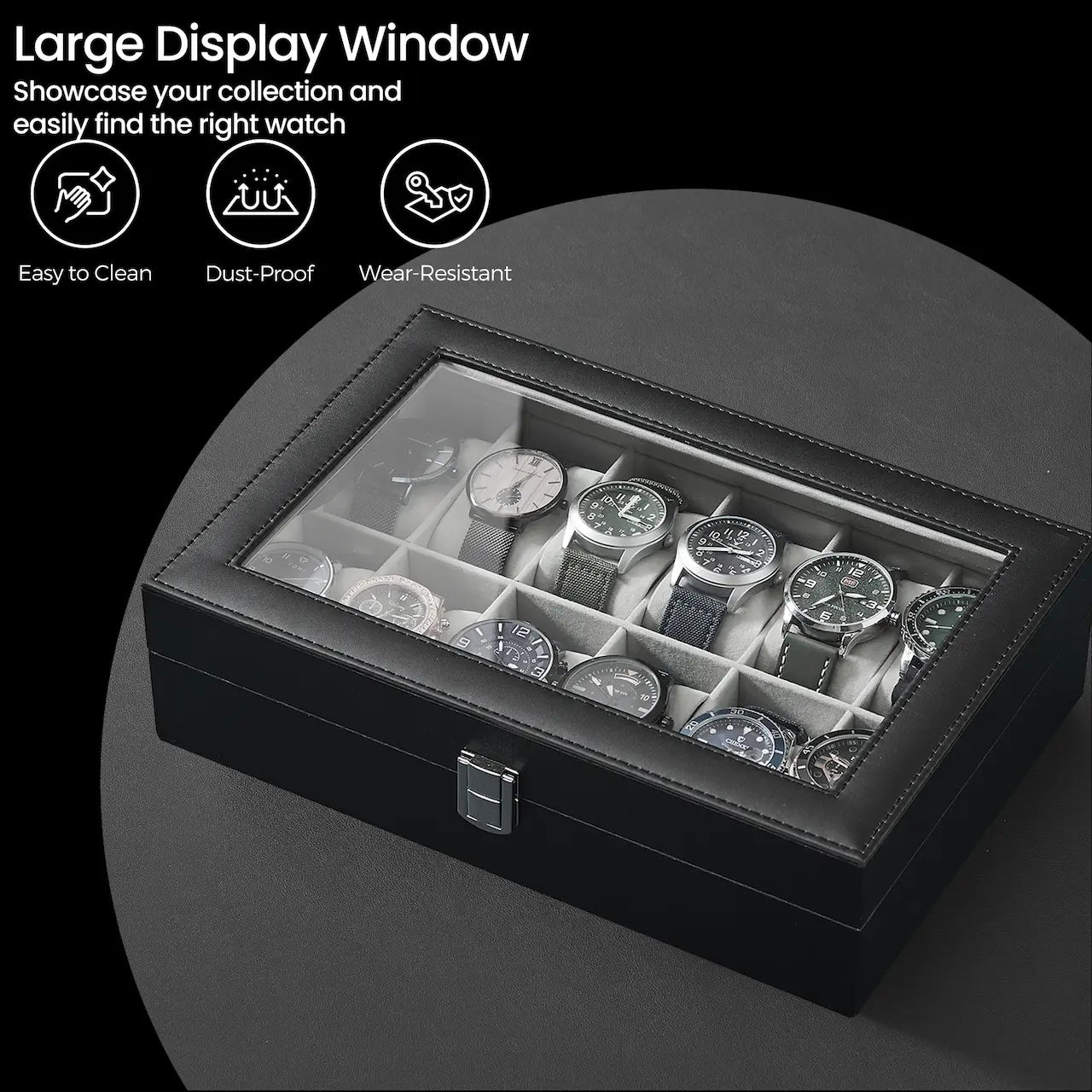 12-Slot Watch Box Organizer - Synthetic Leather - Black with Greenish Grey Lining - Large Glass Lid and Removable Watch Pillows