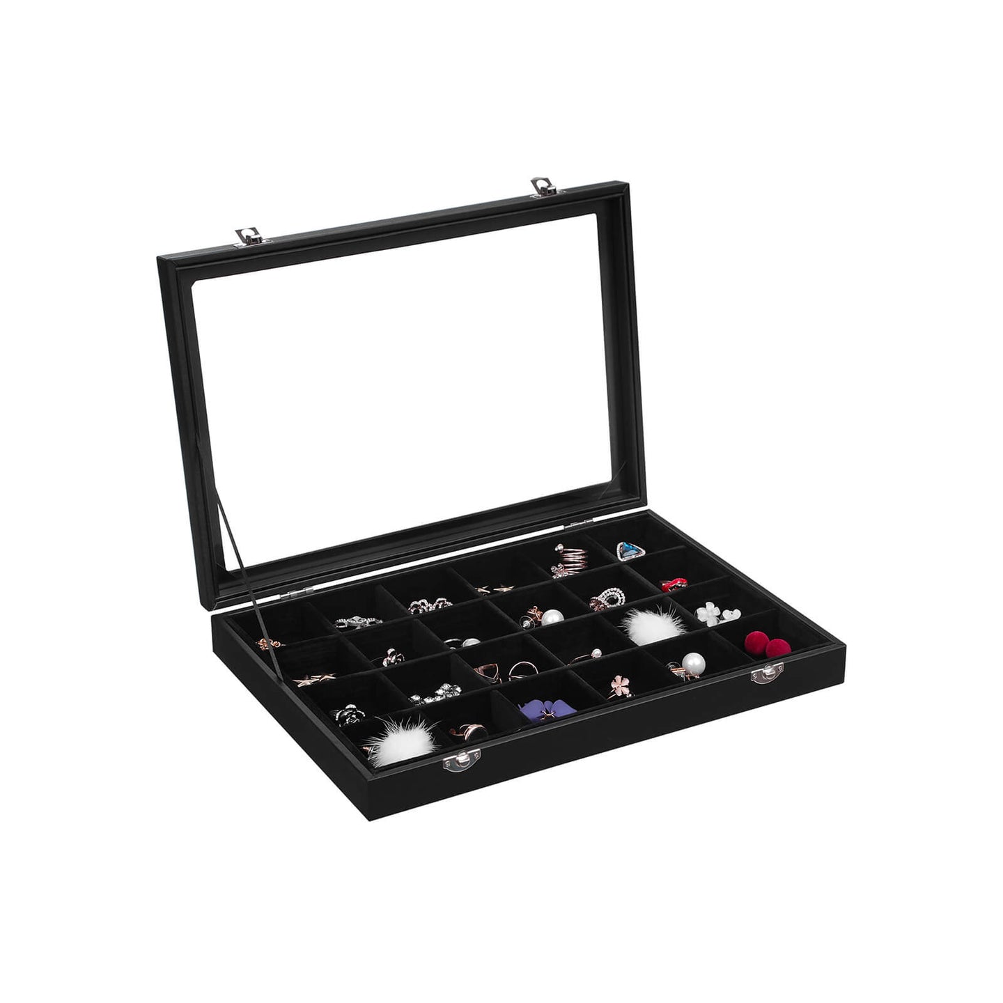 Jewellery Box - Velvet - Black - 24 Compartments with Glass Lid