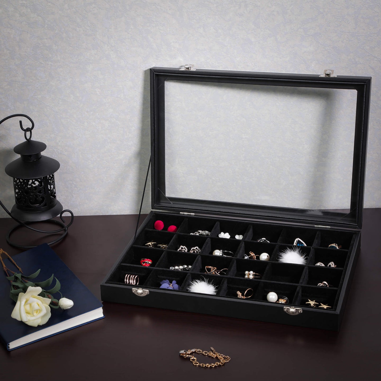 Jewellery Box - Velvet - Black - 24 Compartments with Glass Lid