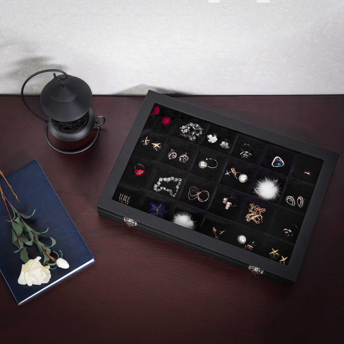 Jewellery Box - Velvet - Black - 24 Compartments with Glass Lid