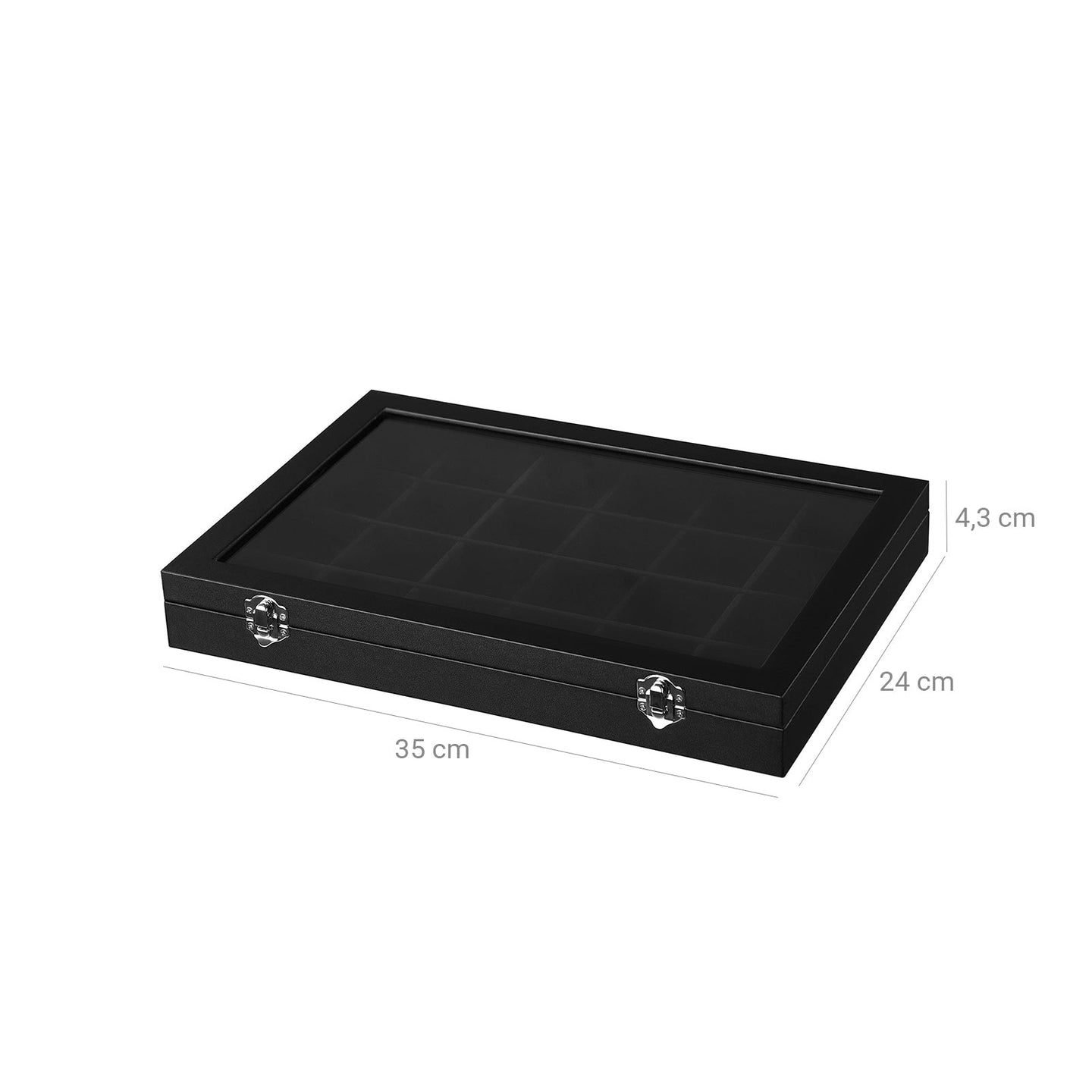 Jewellery Box - Velvet - Black - 24 Compartments with Glass Lid