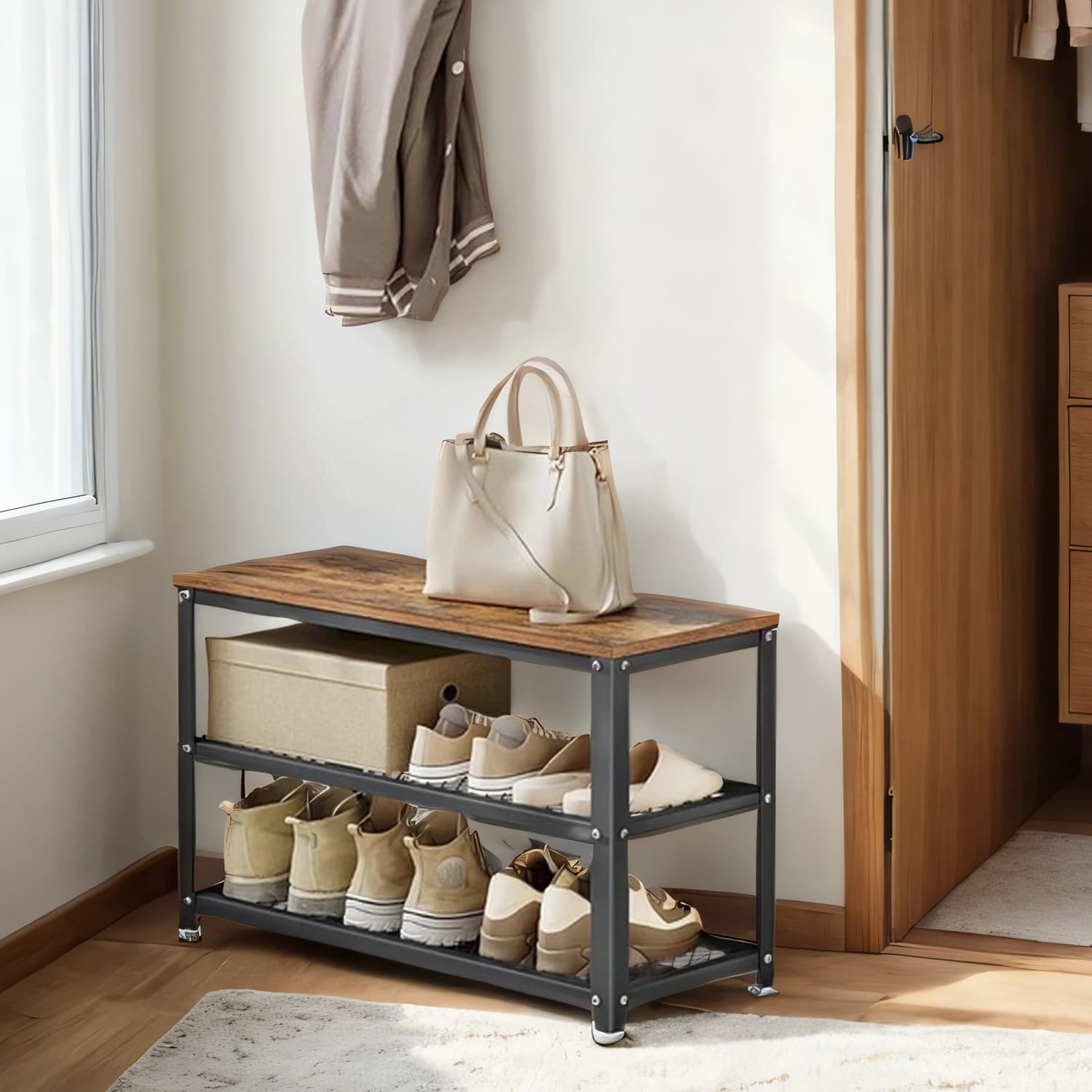 Shoe Bench - Steel - Rustic Brown and Black - 2 Shelves for Entryway Organization
