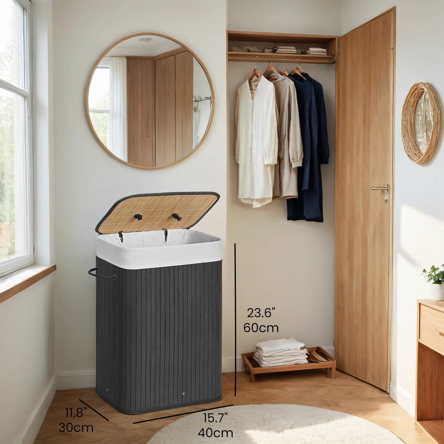 Foldable Laundry Hamper - Bamboo - Natural - 72 L Capacity with Lid and 3 Handles