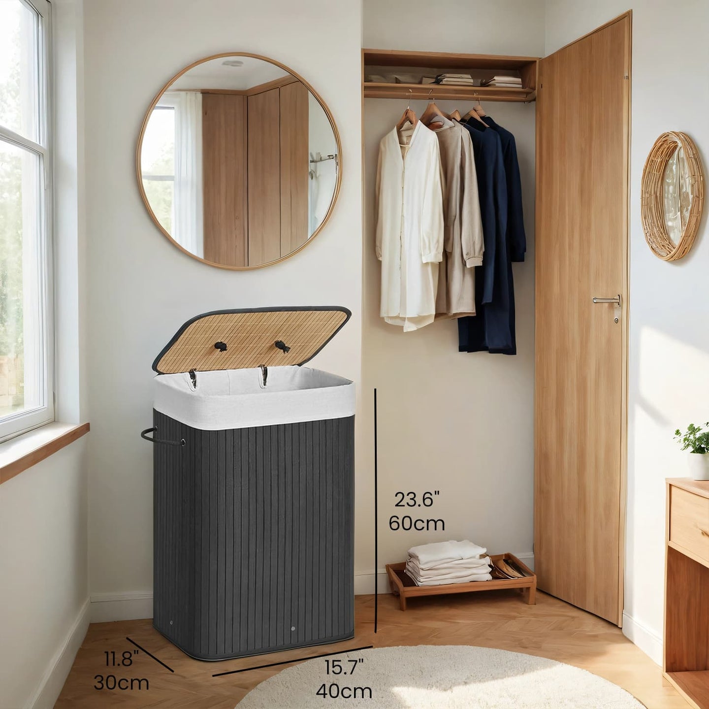Foldable Laundry Hamper - Bamboo - Natural - 72 L Capacity with Lid and 3 Handles