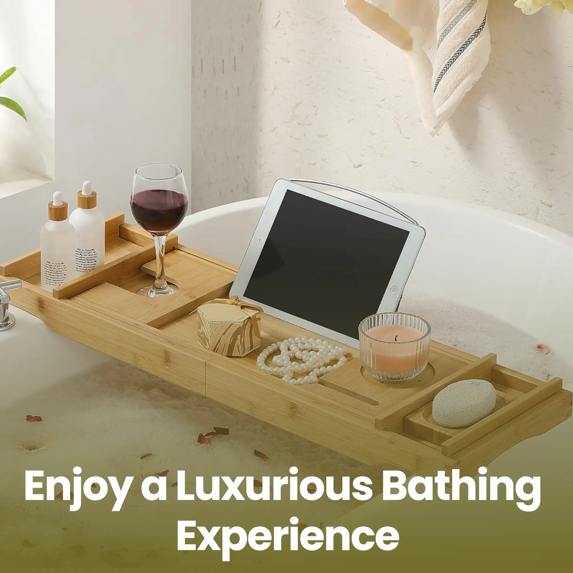 Extendable Bath Shelf - Bamboo - Natural - Includes Drink Holder