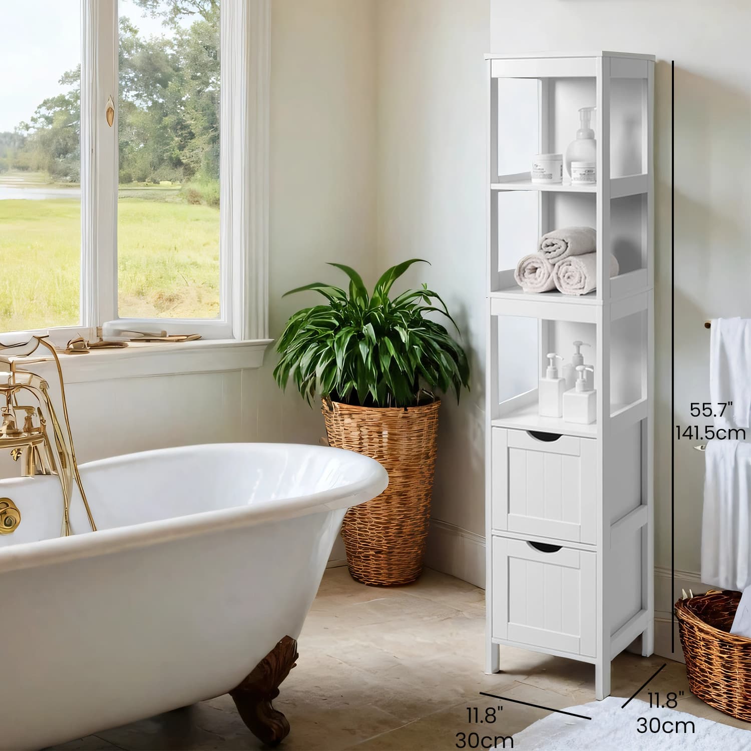 Freestanding Bathroom Floor Cabinet - 2 Drawer Storage Unit - Wood - White