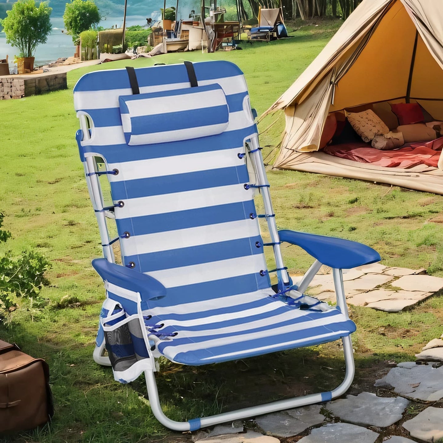 Folding Camping Chair - Fabric - Green and White - Adjustable Backrest with Headrest and Side Pockets