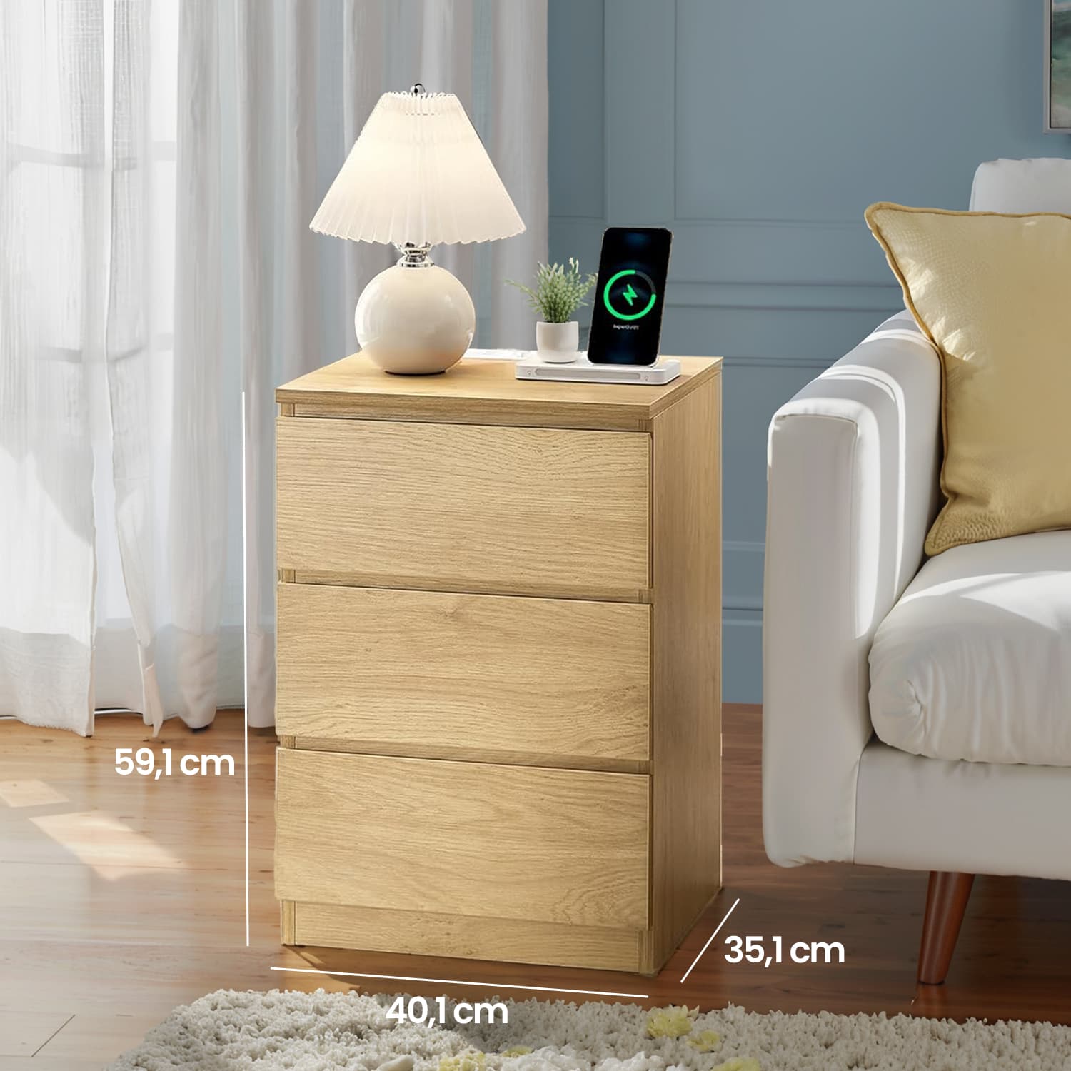 Nightstand - Wood - Natural Finish - Includes Charging Station and 3 Drawers