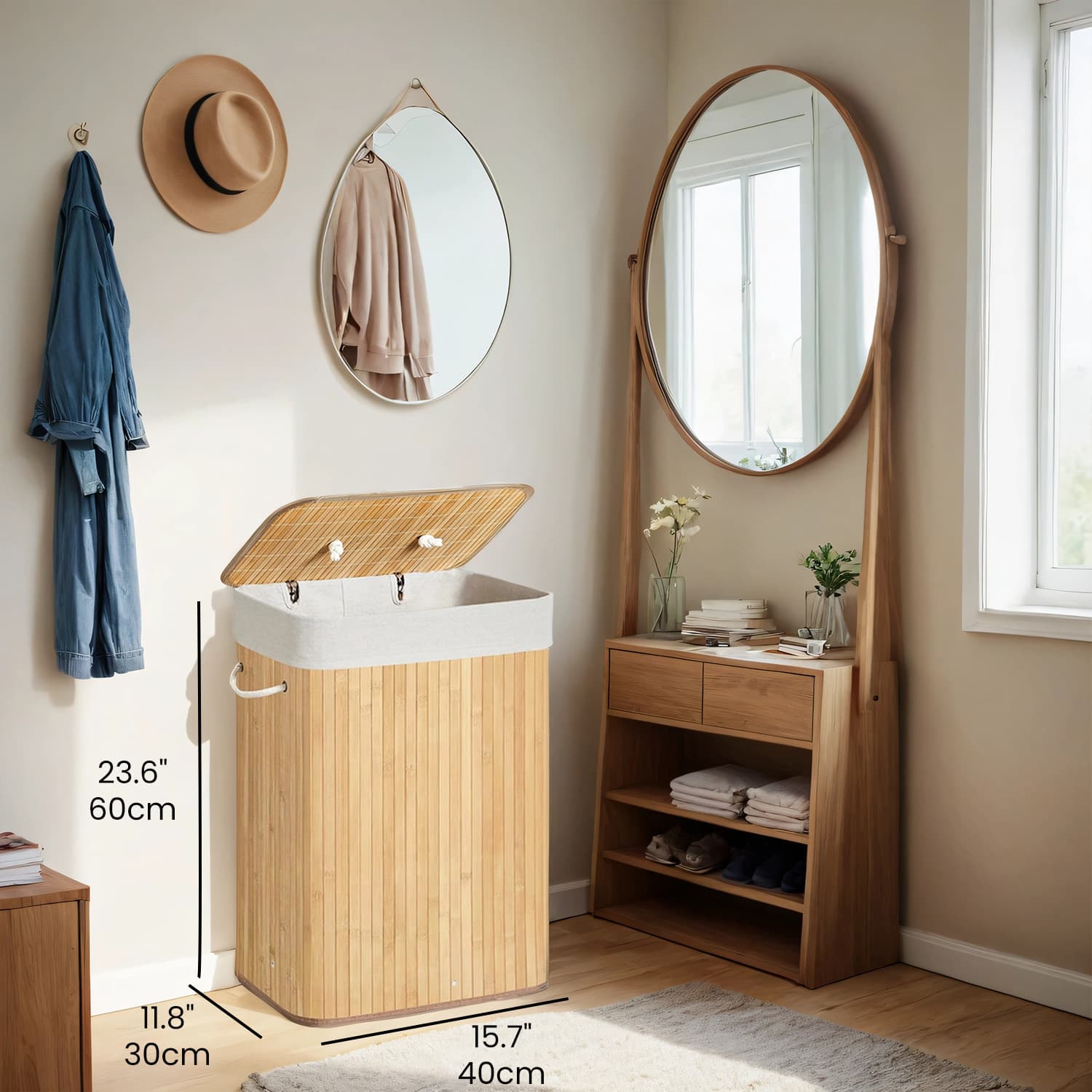 Foldable Laundry Hamper - Bamboo - Natural - 72 L Capacity with Lid and 3 Handles