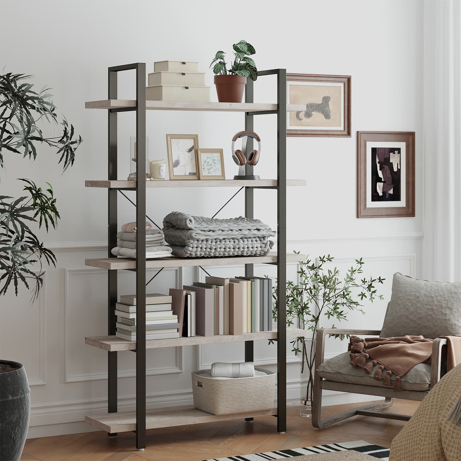 Bookshelf - 5-Tier Industrial Design - Wood - Rustic Brown